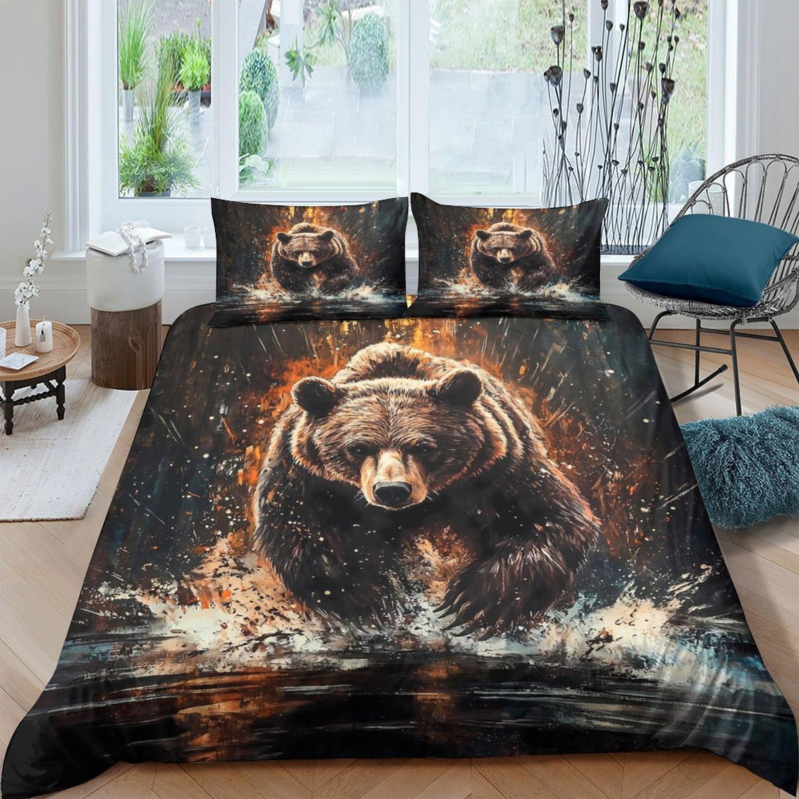 TUFRTGYHN 3D Printed Wild Bear Duvet Cover Microfiber Soft Breathable Forest River Bedding Set with 2 Pillowcases for Bedroom Decor Single（135x200cm）