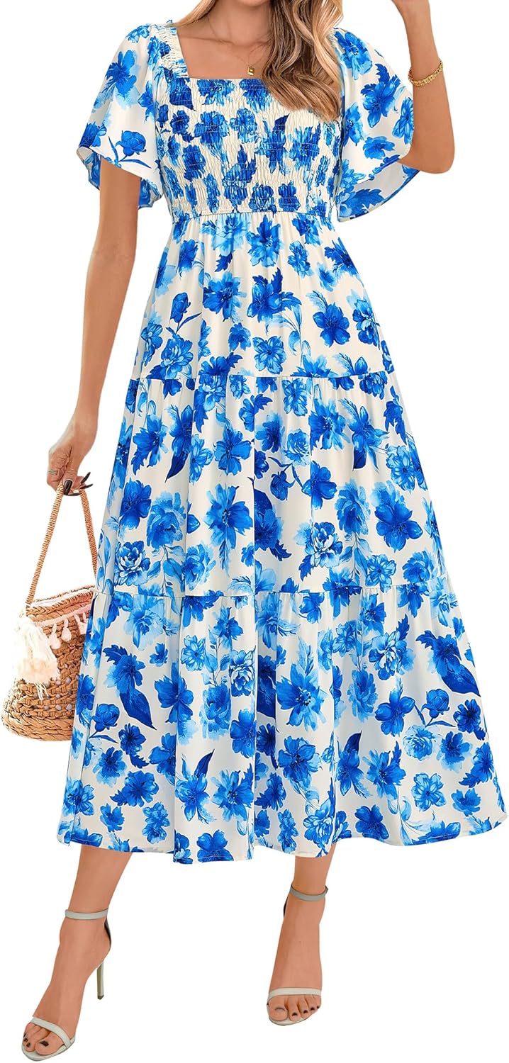 BTFBM Women's Clothing Wedding Guest Dresses Casual Boho Floral Short Sleeve Smocked Maxi Beach Spring Summer Dress 2026