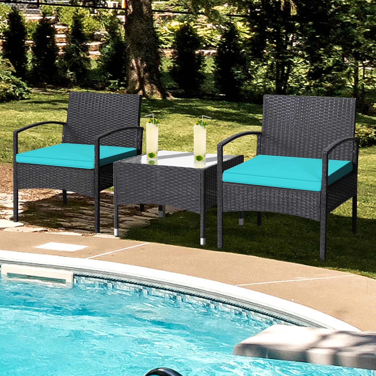 DORTALA 3 Piece Wicker Patio Furniture Set, Outdoor PE Rattan Conversation Set with Chairs & Coffee Table for Patio Garden Lawn Backyard Pool, Turquoise