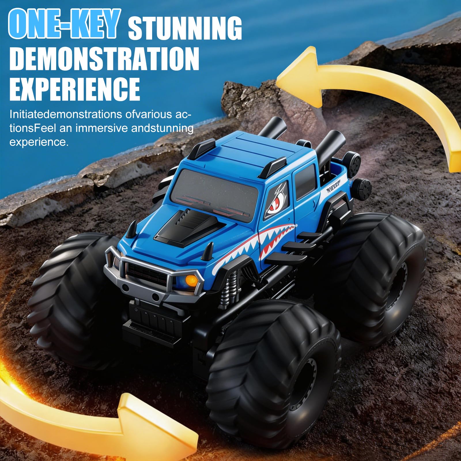 Macchina Telecomandata per Bambini, 2.4GHz 4WD Impermeabile Doppio lato Monster Truck Veicolo Anfibio Telecomandato con Sensore Gesti, Off-Road Auto RC per Sabbia, Prato, Acqua e Terreno
