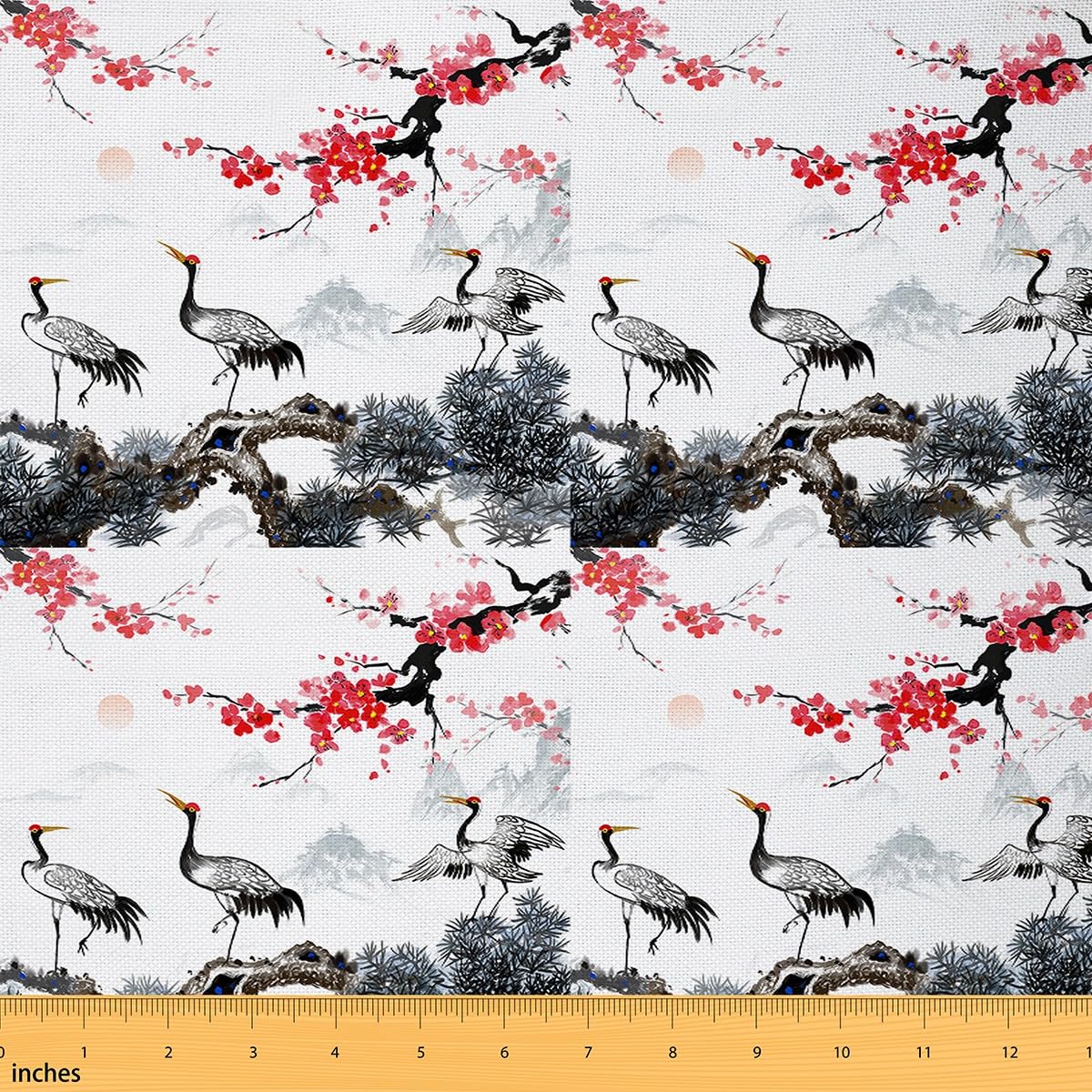Cherry Blossoms Fabric by The Yard White Crane Japanese-Style Upholstery Fabric for Chairs Ukiyoe Theme Waterproof Outdoor Fabric 2 Yards (L184*W150cm)
