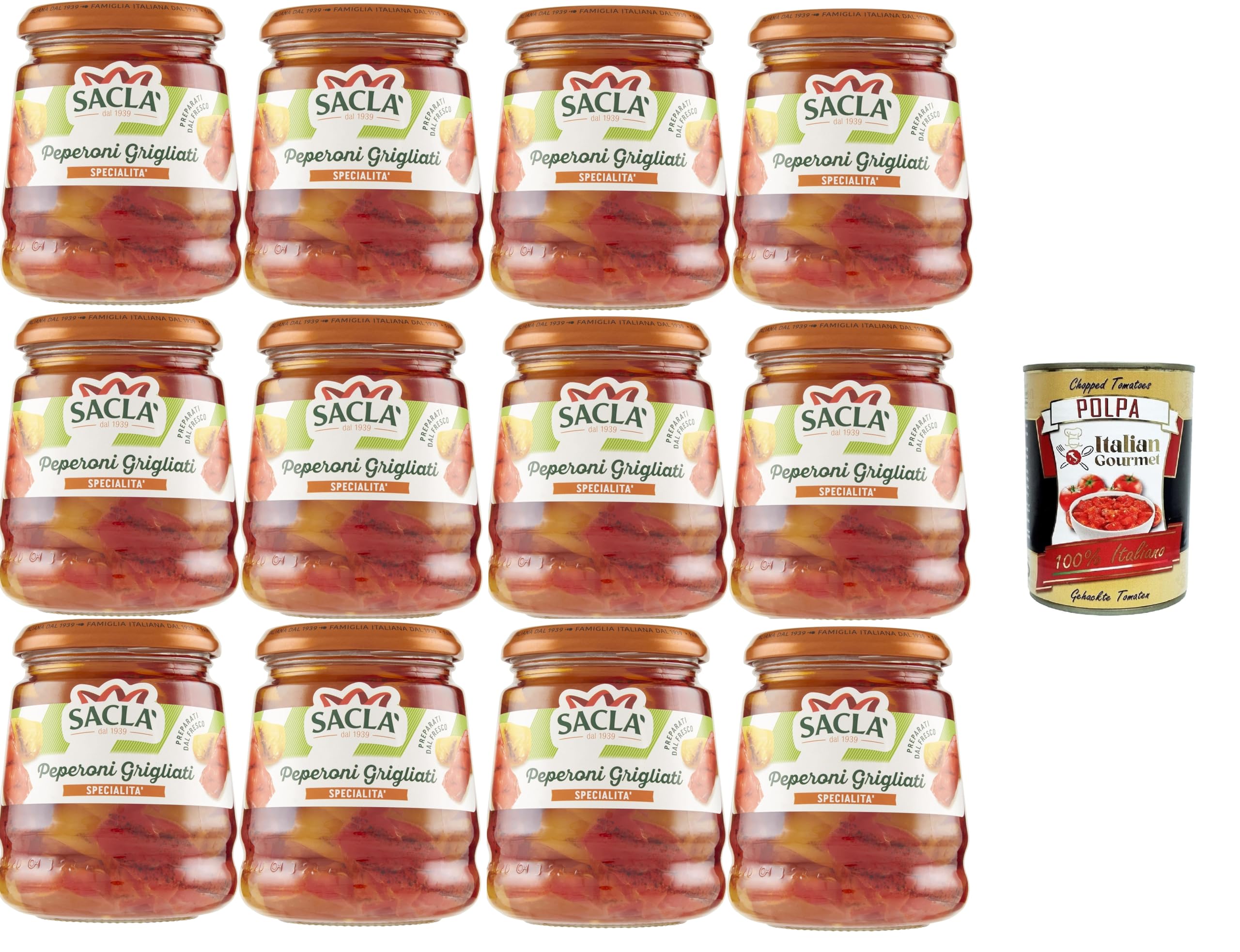 Italian Gourmet Peperoni Grigliati antipasto Gemüse Beilage, 12 x 290g | Verdure arrostite per panini e piatti freddi; mediterran gewürzt, sofort, Gesamtnettogewicht 3,48 kg + Kostenlos Polpa 400g