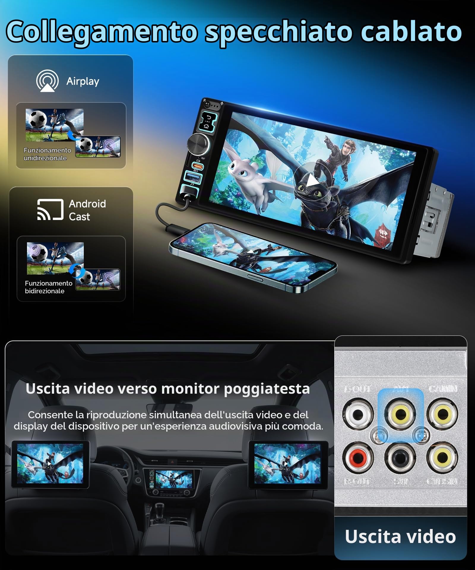 VECHTEL 6,8" Autoradio 1 Din con Carplay Android Auto Wireless,Bluetooth Radio FM con touchscreen IPS,inchiostro a specchio,EQ,WiFi Navi GPS,USB/Type-C,autoradio con schermo/comandi al volante