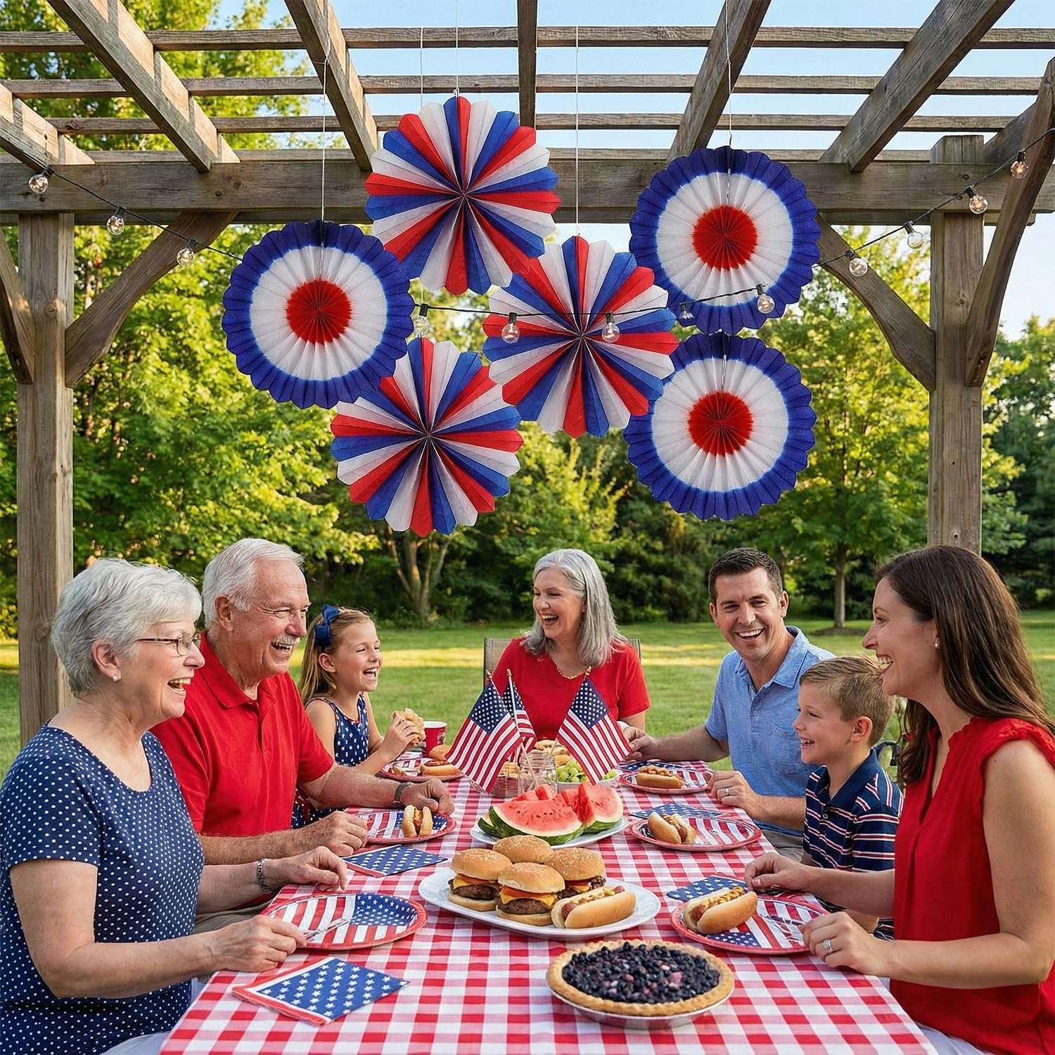 Fun Express 16" diam. Patriotic Red, White & Blue Hanging Paper Fans - 6 Pieces