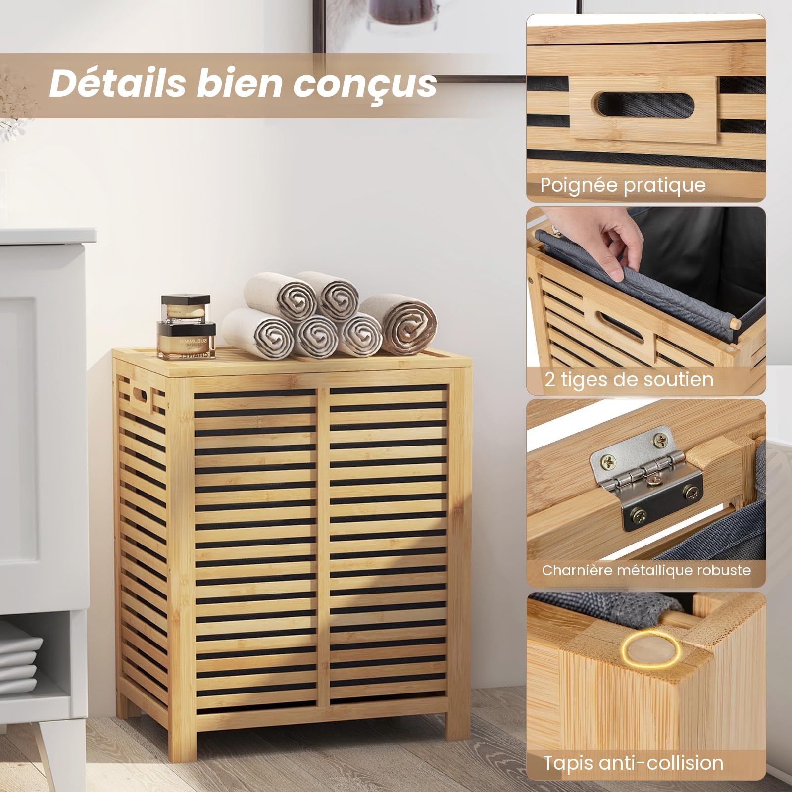 LIFEZEAL Panier à Linge avec Couvercle en Bambou 80 L, Corbeille à Linge Sale avec Sac en Tissu Amovible et Lavable, 50 x 35 x 62 cm, Naturel