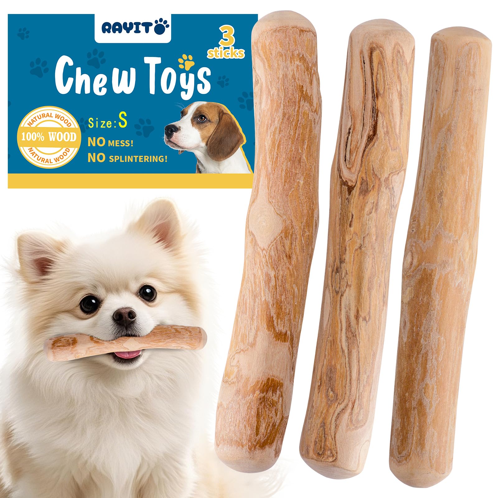 RAYITO 3 Pack Coffee Wood Dog Chew Toy, S