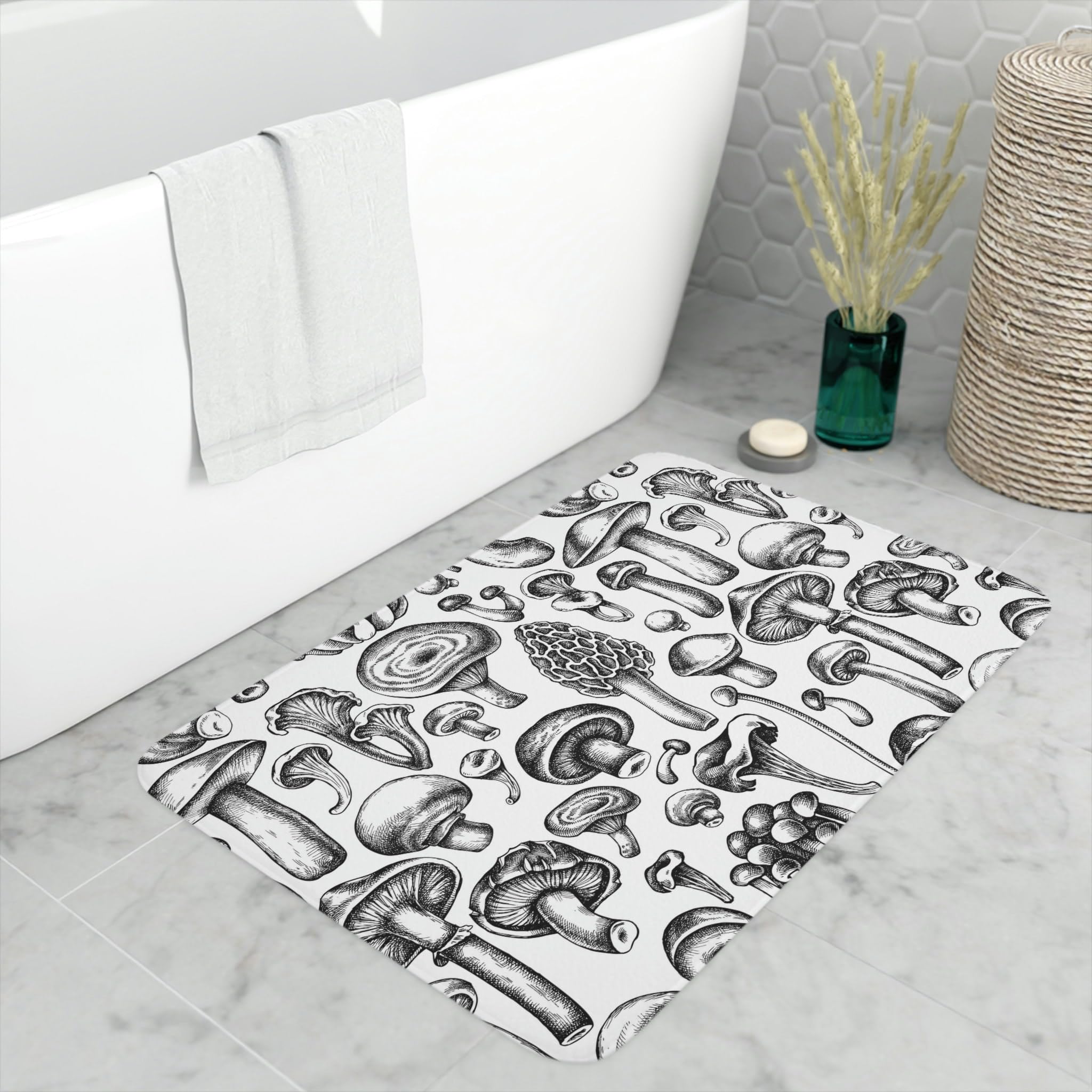 Door mat,Black White Bath Mat with Mushrooms, Oyster Mushroom Bath Mat, Champignon Honey Agaric Bath Mat, Mushroom Shower Mats,Interior Door Mat, Home