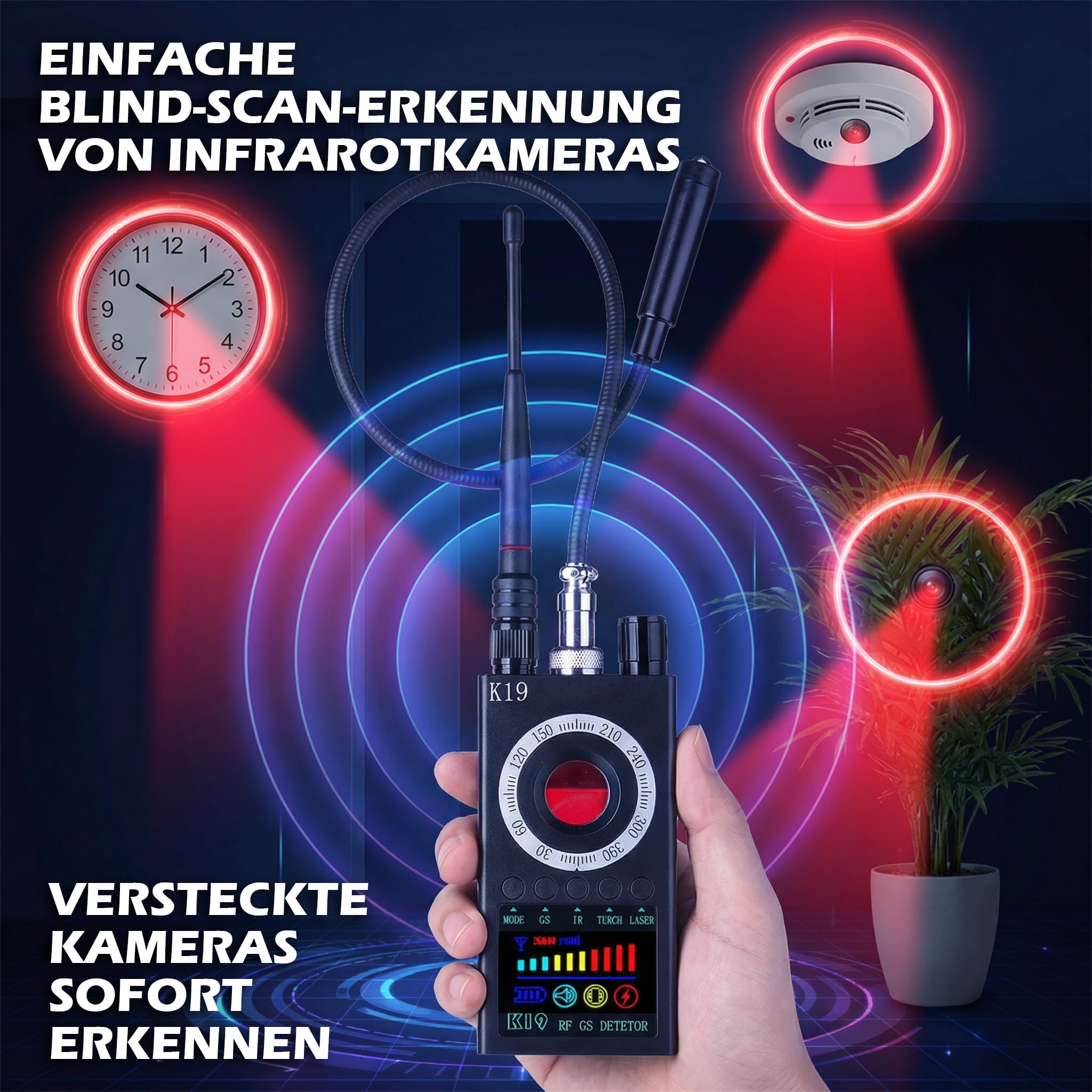 Wanzen Detektor Anti-Spy mit eBook Vollständiger Leitfaden – RF Scanner für Versteckte Kamera, GPS Tracker & Abhörgeräte, Signal Detektor Portabel für Hotel Büro Zuhause Datenschutz
