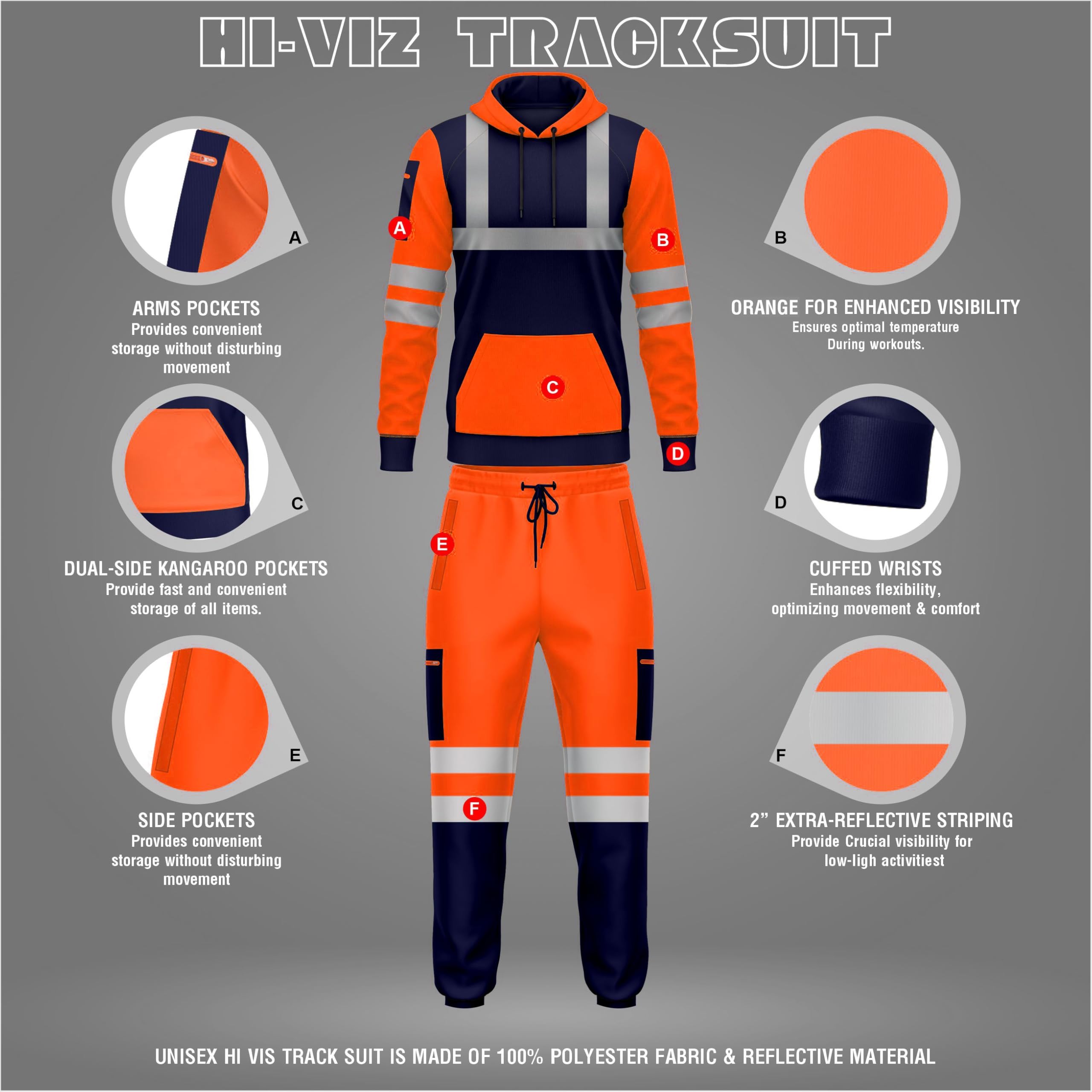 mymixtrendz Hi Vis Cuffed Pull Over Set Reflective Tape Band Tuta Nuova Giacca Pantaloni Uomo Alta Visibilità Workwear Set Taglie S/2XL, Arancione navy., XL