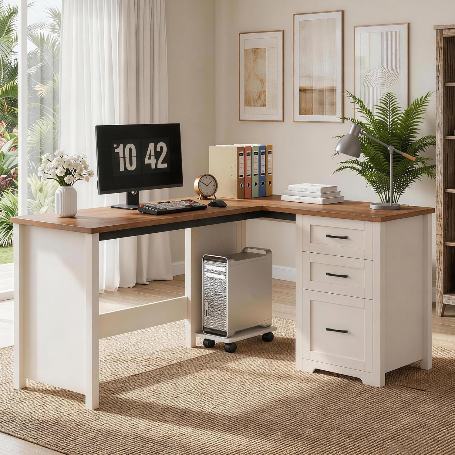 Vabches Farmhouse 47” Executive Desk with File Drawer, Mutual Installation Rustic Computer Desk with 2 Storage Drawers,Office Home Workstation for Study Work Writing, Unique White