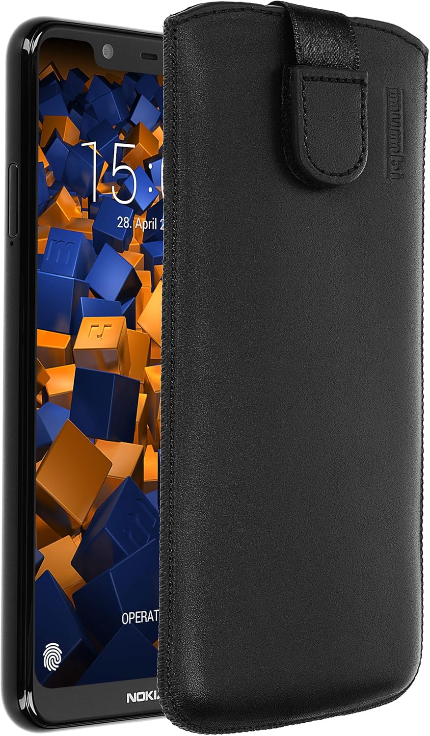 mumbi Genuine Leather Case with Flap and Pull-Up Strap for Nokia 5.1 Plus Black