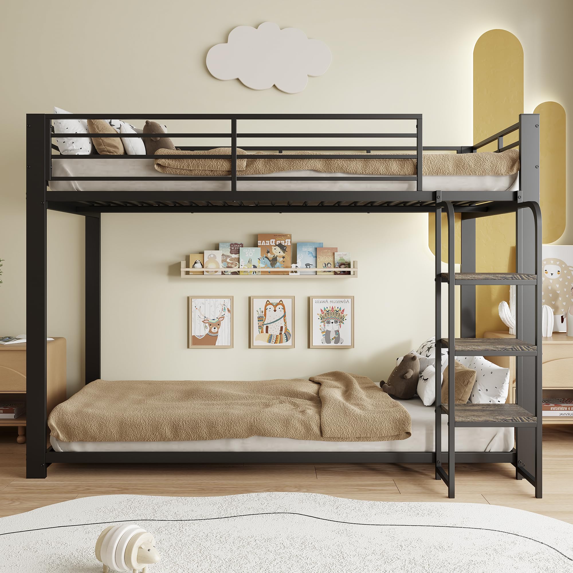 90 x 200 cm, letto a castello in metallo con ripiani in legno