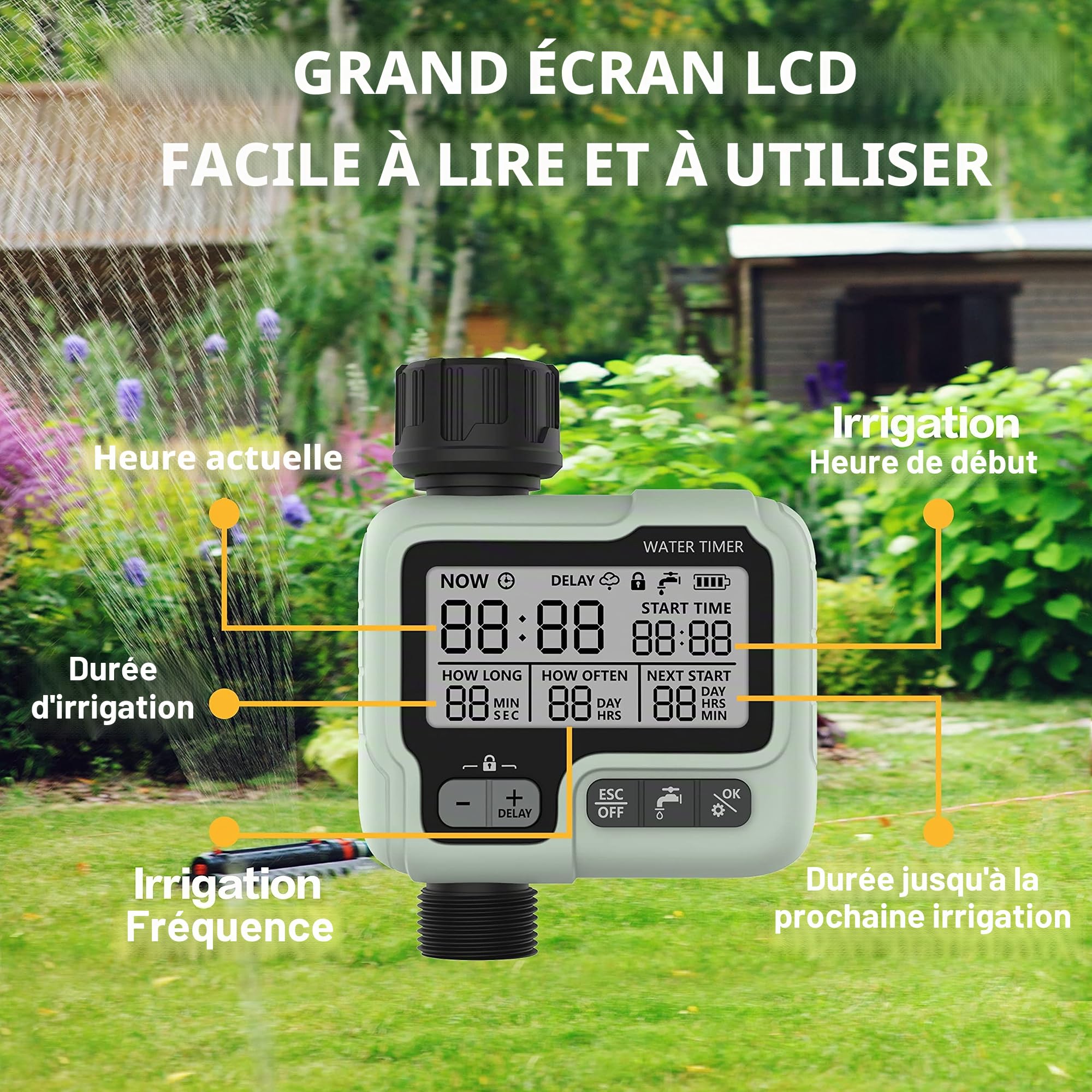 CROSOFMI Programmateur Arrosage Automatique Minuteur Arrosage pour Jardin Programmateur Robinet Arrosage Connecté/Mode Verrouillage Enfant/Mode Automatique & Manuel/Retard De Pluie/IPX5 Étanche