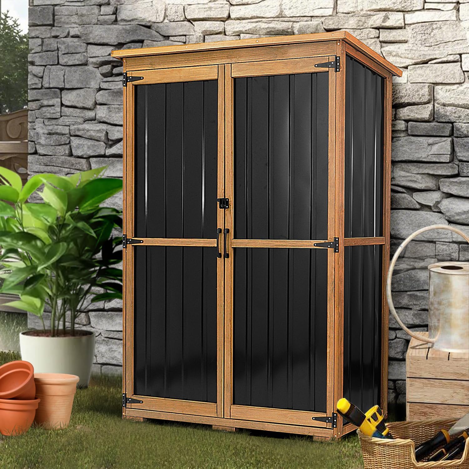 PetsCosset 46" L Large Outdoor Storage Cabinet with Shelves, Wood & Metal Storage Shed Weather-Resistant, Outside Storage Cabinet for Garage Patio Backyard Garden with Waterproof Roof