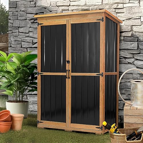 46" L Large Outdoor Storage Cabinet with Shelves, Wood & Metal Storage Shed Weather-Resistant, Outside Storage Cabinet for Garage Patio Backyard Garden with Waterproof Roof