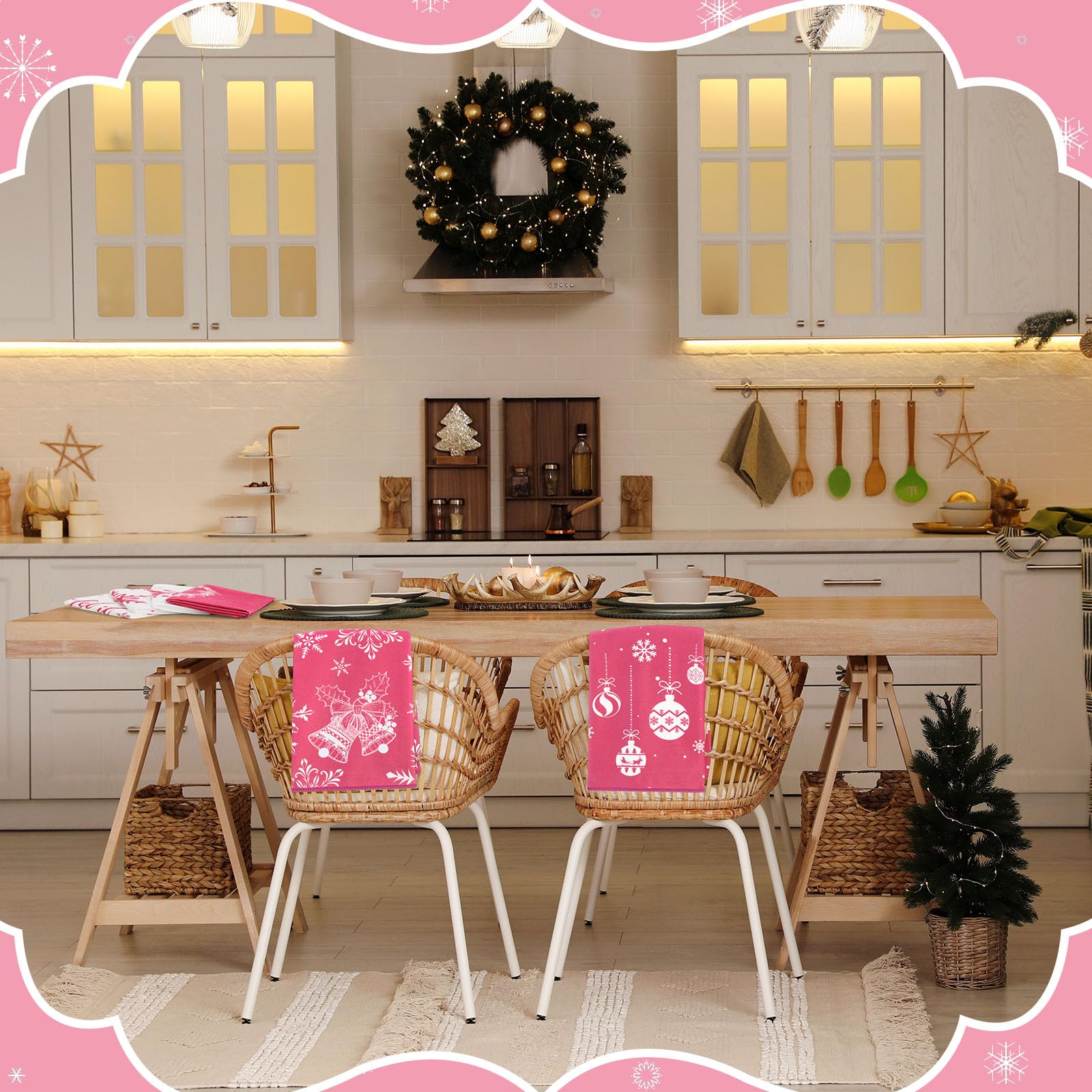 Tatuo 6 Pcs Christmas Kitchen Towels Snowflake Merry Christmas Tree Bell Dish Towels Winter Holiday Hand Towels Absorbent Dishcloths Farmhouse Christmas Decor Gift for Home Bathroom Cleaning (Pink)