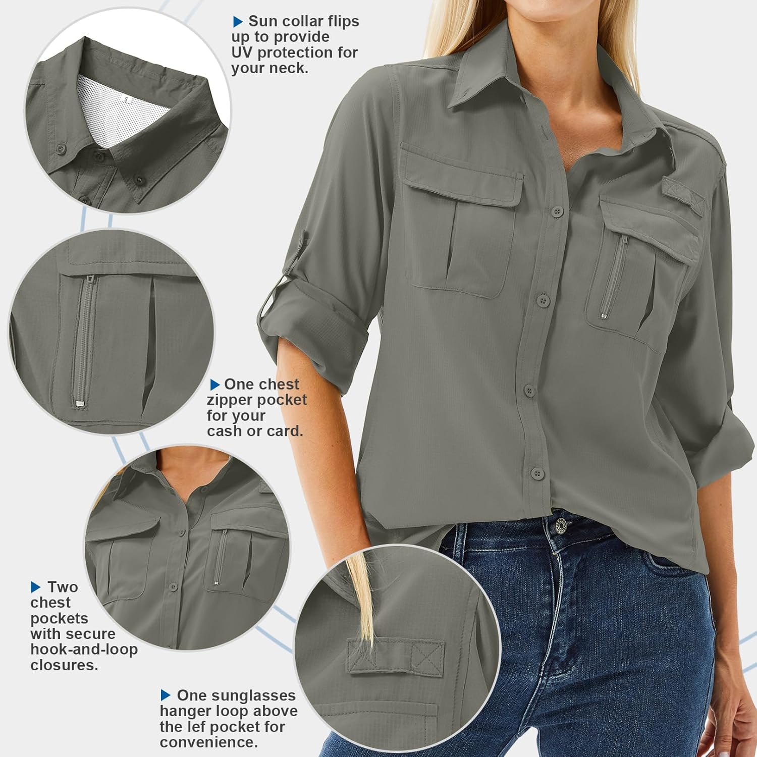 Women's UPF 50 Long Sleeve Sun Protection Shirts Safari Fishing Hiking - Image 4