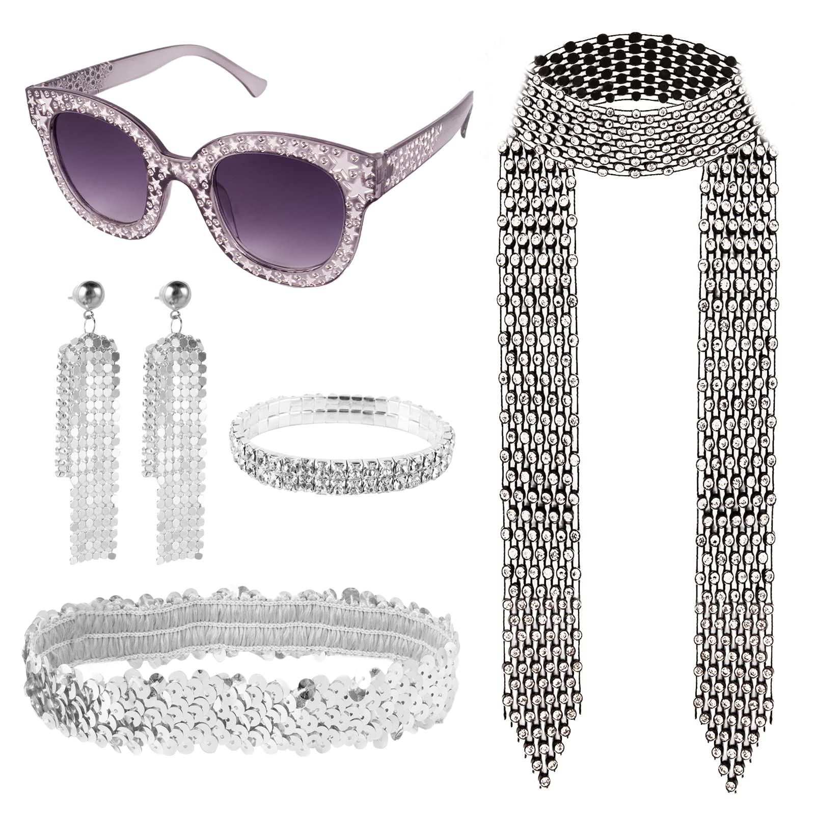 GYIOFAI 5 Pièces Deguisement Disco des Années 1970, D'Accessoires de Disco Lunette Bandeau Bracelet Boucles d'oreilles Écharpe, Accessoires Disco Femme Deguisement Annee 80 Costume des Années (Argent