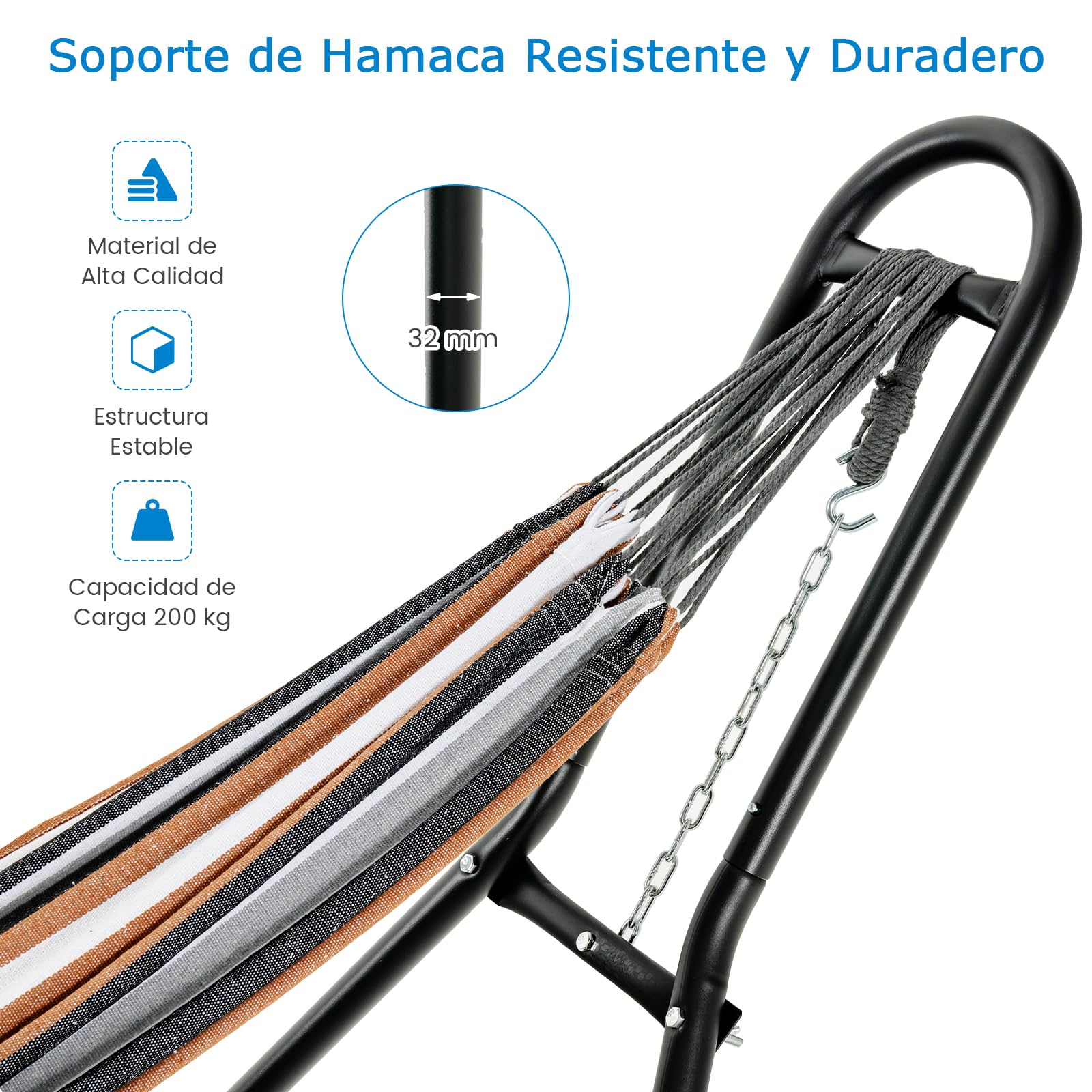 RELAX4LIFE Soporte Hamaca con 2 Ganchos y 2 Cadenas Ajustables, Soporte para Hamaca 2,75-3,6m de Largo con 4 Pies de Plástico para Jardín, Terraza y Salón, Carga 200kg, 280x90x115cm, Negro