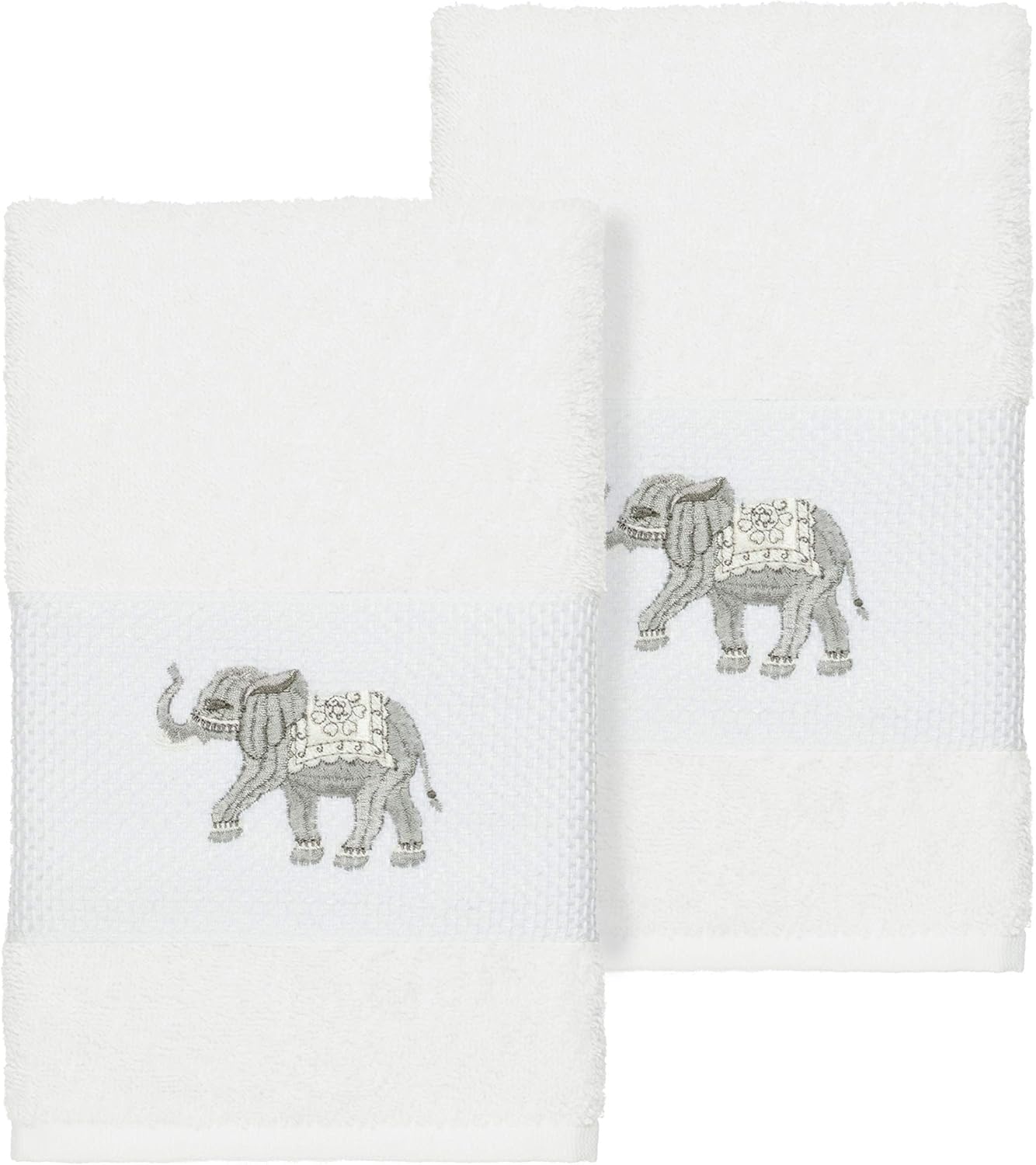 Turkish Cotton Elephants Embroidered White 2-Piece Towel Hand Set
