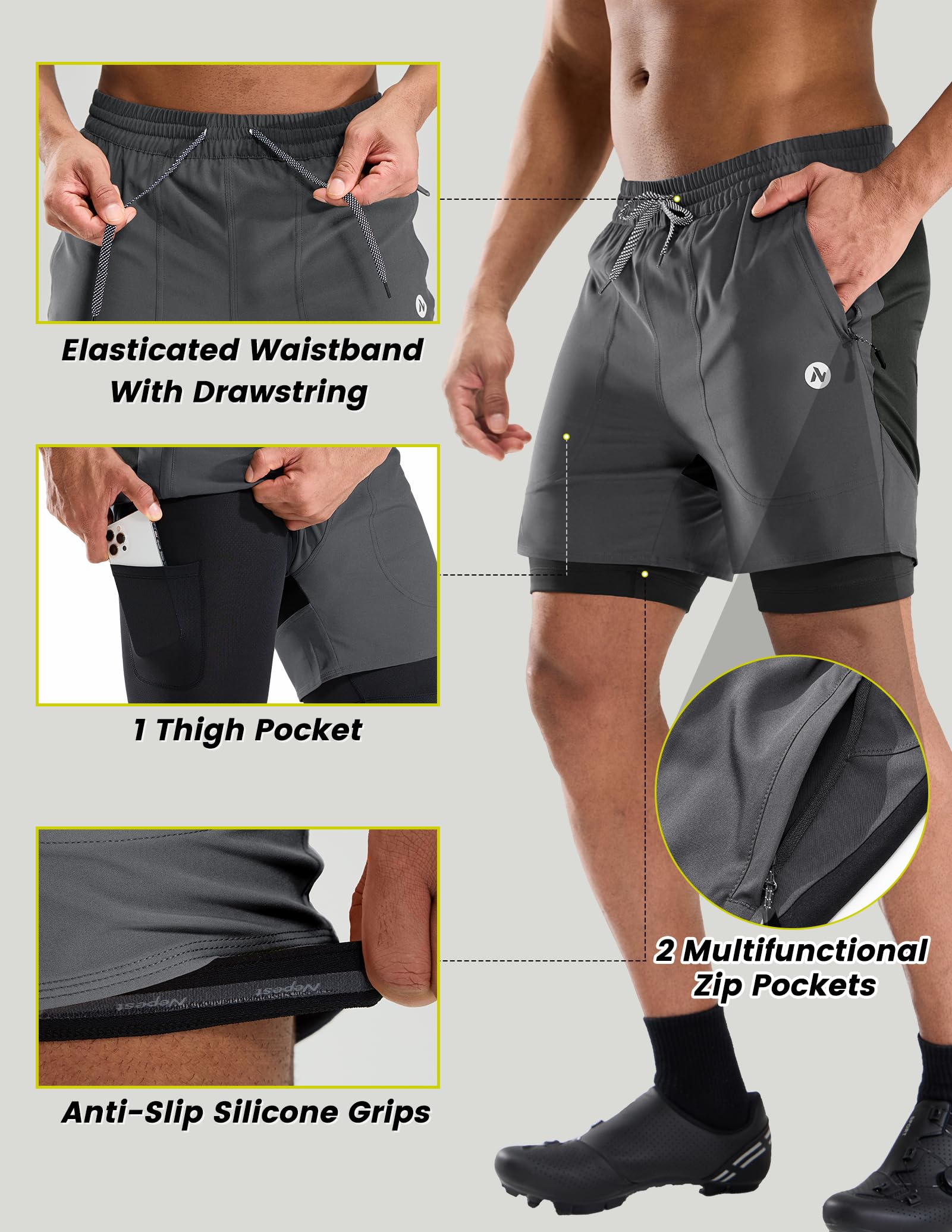 Nepest Herren-Mountainbike-Shorts, 4D-gepolstert, für MTB, Fahrrad, Radfahren, lockere Passform, Gel-Polsterung, Shorts mit Reißverschlusstaschen