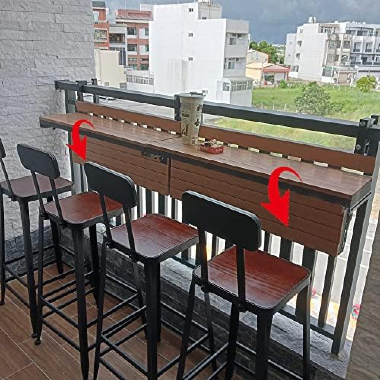 Balkonowy stolik barowy do balustrad, 80 * 26 cm/31,4 * 10,2 cala, stolik barowy na zewnątrz, składany stolik boczny, małe składane biurko oszczędzające miejsce, montowane na ścianie stoliki boc