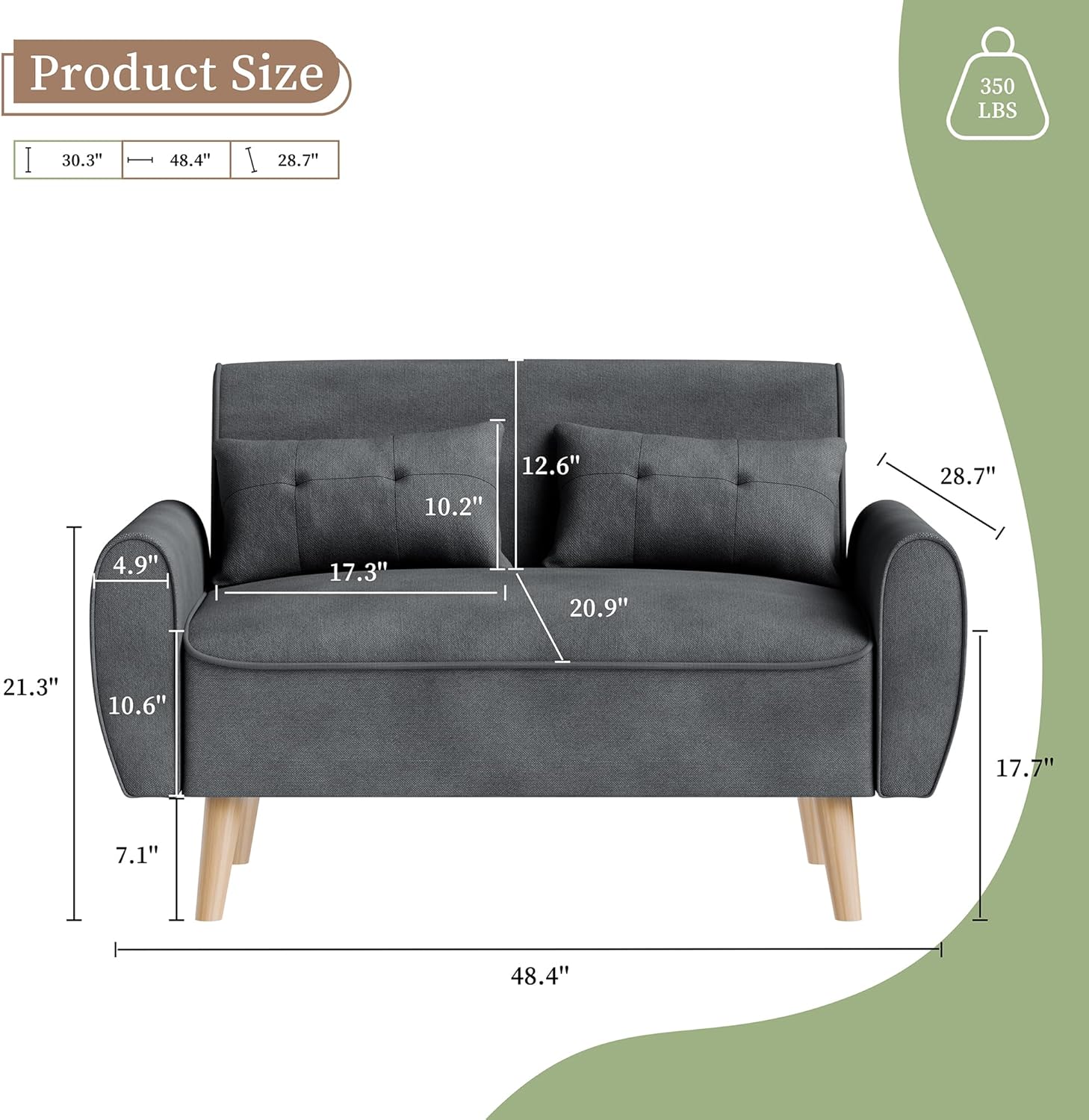 Detailed product dimensions of the Vongrasig 47-inch loveseat sofa, including width, depth, height, seat height, and leg height.