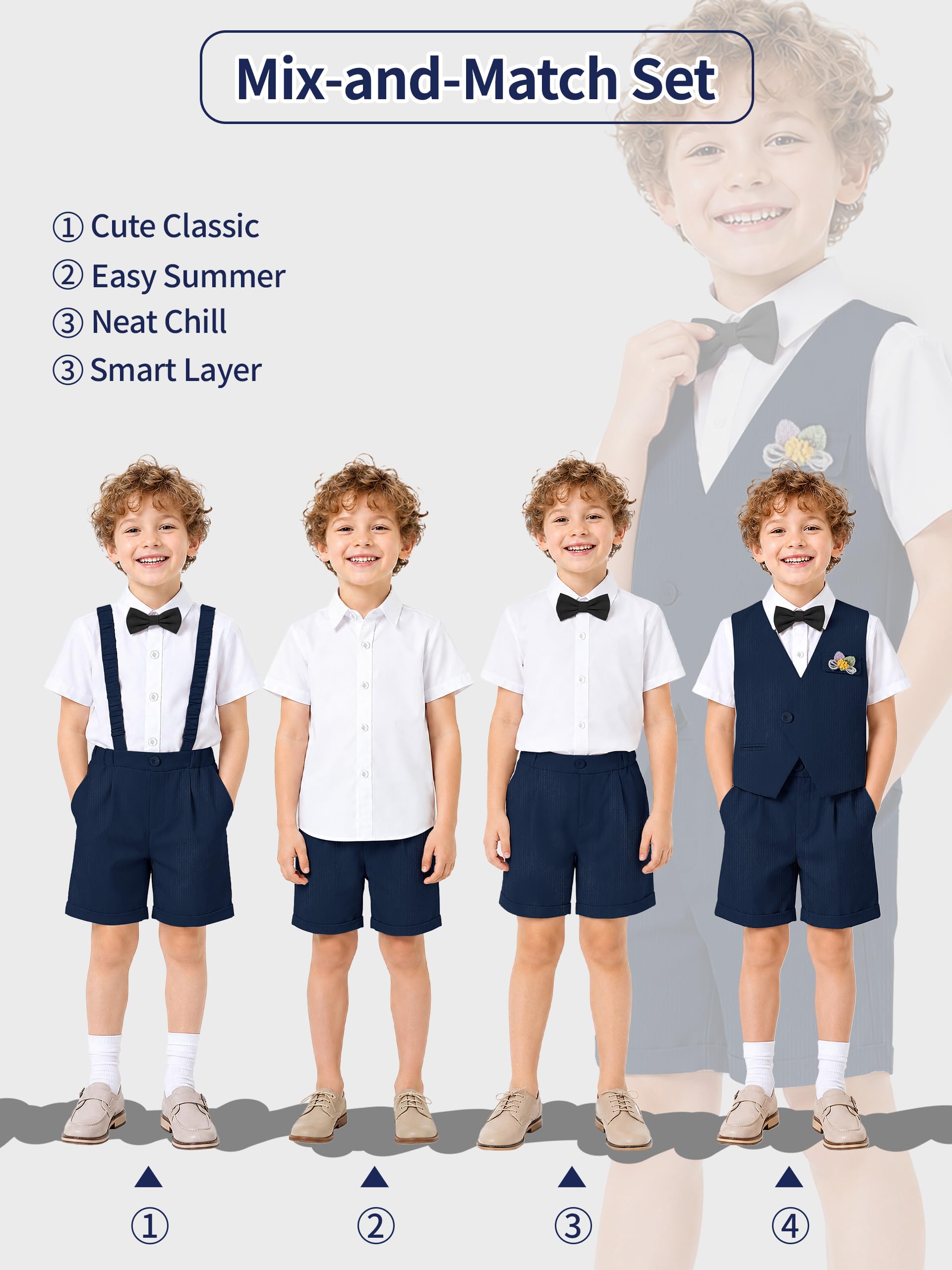 LOLANTA 6-teiliges Sommer-Set für Jungen mit Weste, Hemd, Shorts, Fliege, Hosenträgern, Anstecker, 4–11 Jahre