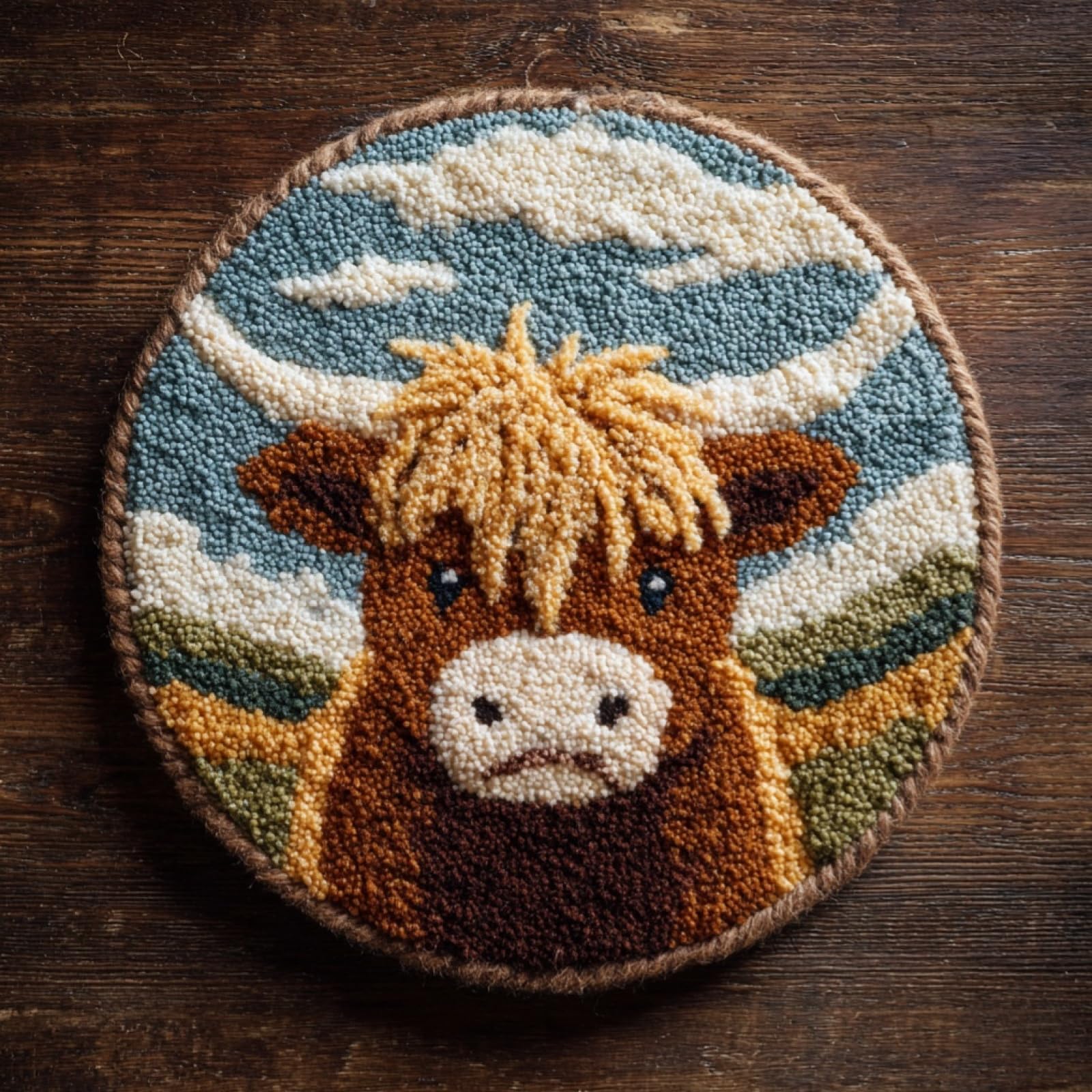 WallustrioaW DIY Latch Hook Rug Kits with Printed Canvas,Small Highland Cattle,Floor Mat Crochet,Carpet Tapestry for Adult Craft Kits for Women,Relaxing Home Art Project,50x50cm