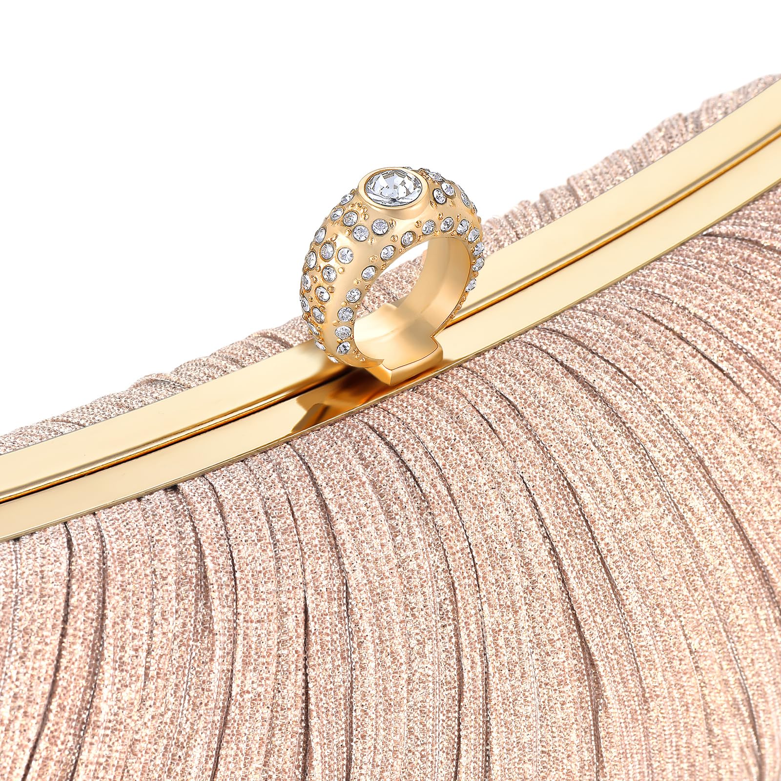 Womens en Glitter Clutch Purse Pleated Evening Bag for Bridal Wedding Party with Rhinestone Ring: Champagne