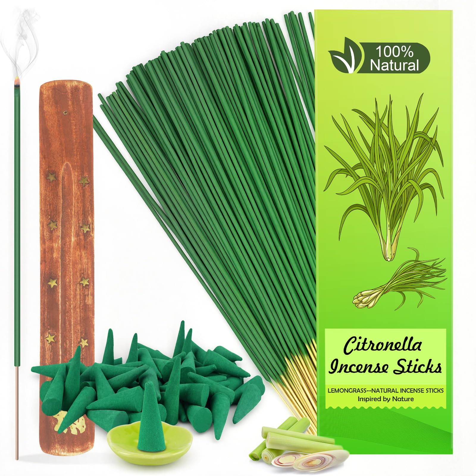 Citronella Räucherstäbchen & Räucherkegel Set für Sommer, 120 Stäbe + 30 Kegel mit Halter – Natürlicher Zitronengras-Duft für Garten, Terrasse & Camping – Alternative zu Citronella Kerzen für draußen