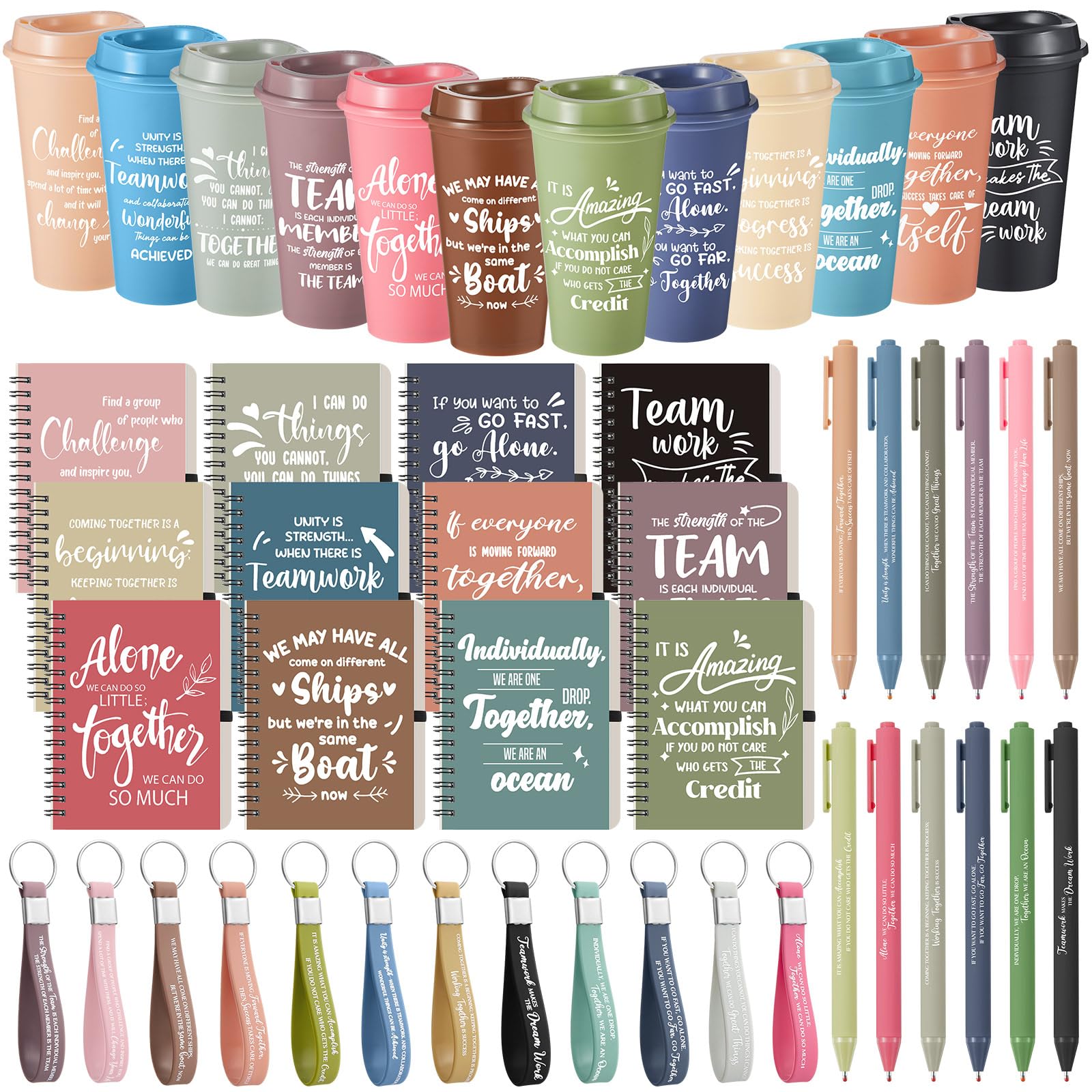 Skylety 12 Set/48 Pcs Team Appreciation Gifts Bulk Team Thank You Gift Set 16 oz Coffee Cups Thank You Mini Spiral Notebooks Pens Keychains for Staff Teacher(Morandi Color)