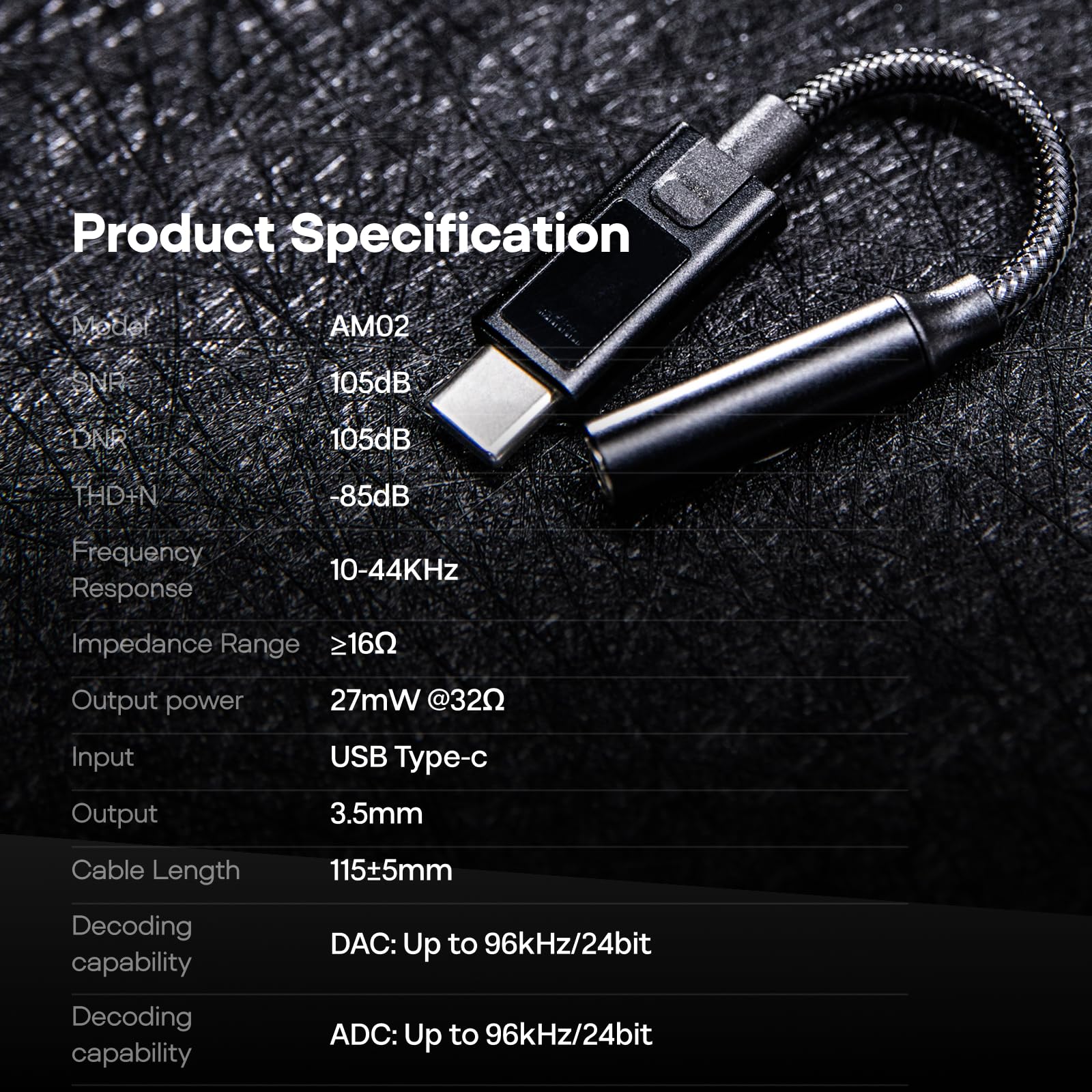 KZ AM02 Amplificateur de décodage DAC portable, adaptateur USB C vers audio 3,5 mm, câble tressé Kevlar durable mâle vers femelle avec accordage EQ professionnel à 4 étapes