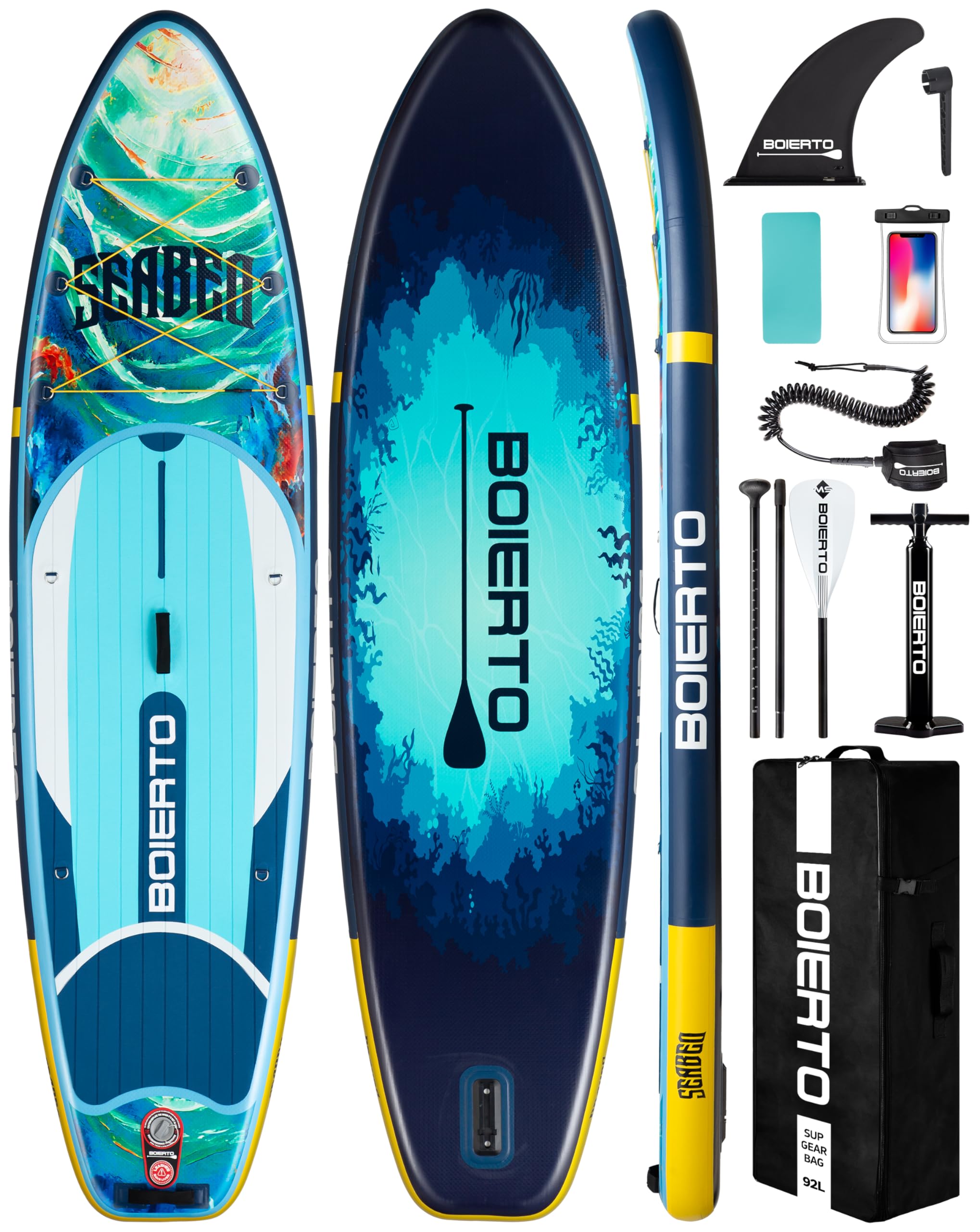 'BOIERTO Inflatable Stand Up Paddle Board 10'8 * 34''/11'*33'' Extra Wide Paddle Boards for Adults, SUP with Premium Accessories & Nylon Backpack, Adjustable Paddle, Hand Pump, Bottom Fin, Leash'