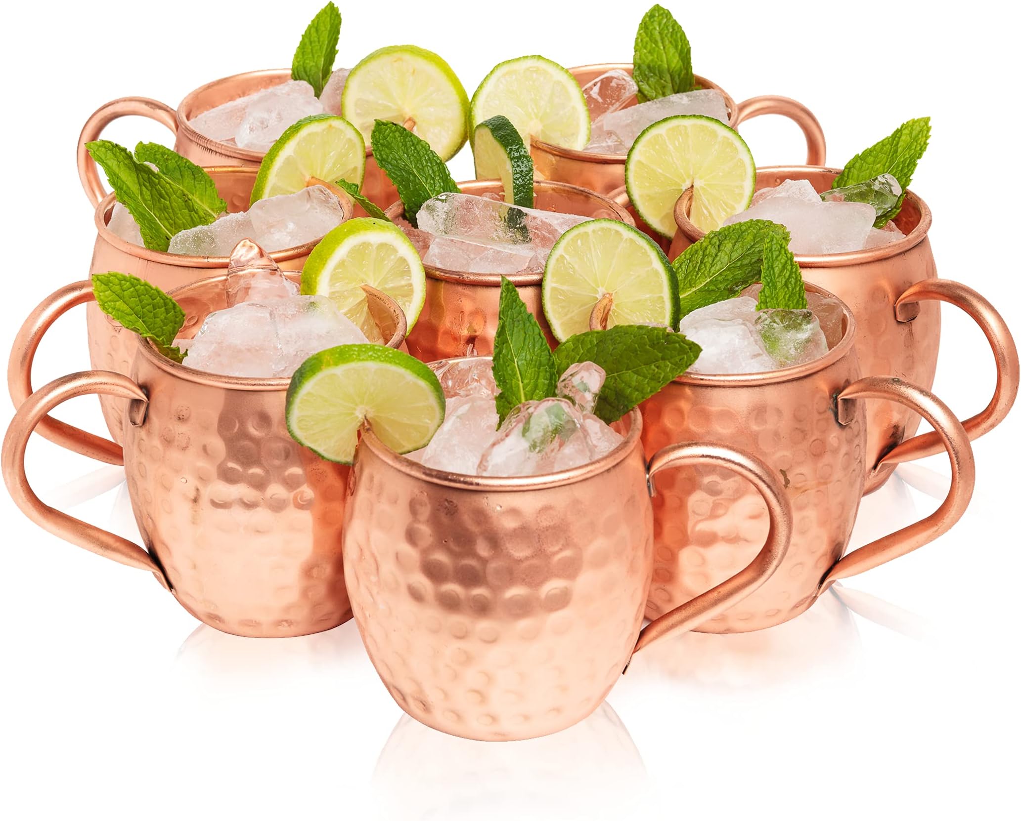 Kitchen Science Moscow Mule Copper Mugs Set of 8, 16 oz Pure Copper Cups, Hammered Finish with Food-Grade Lacquer, Smooth Rounded Lip, Ergonomic Rivet-Free Handle, Solid Grip for Cocktails