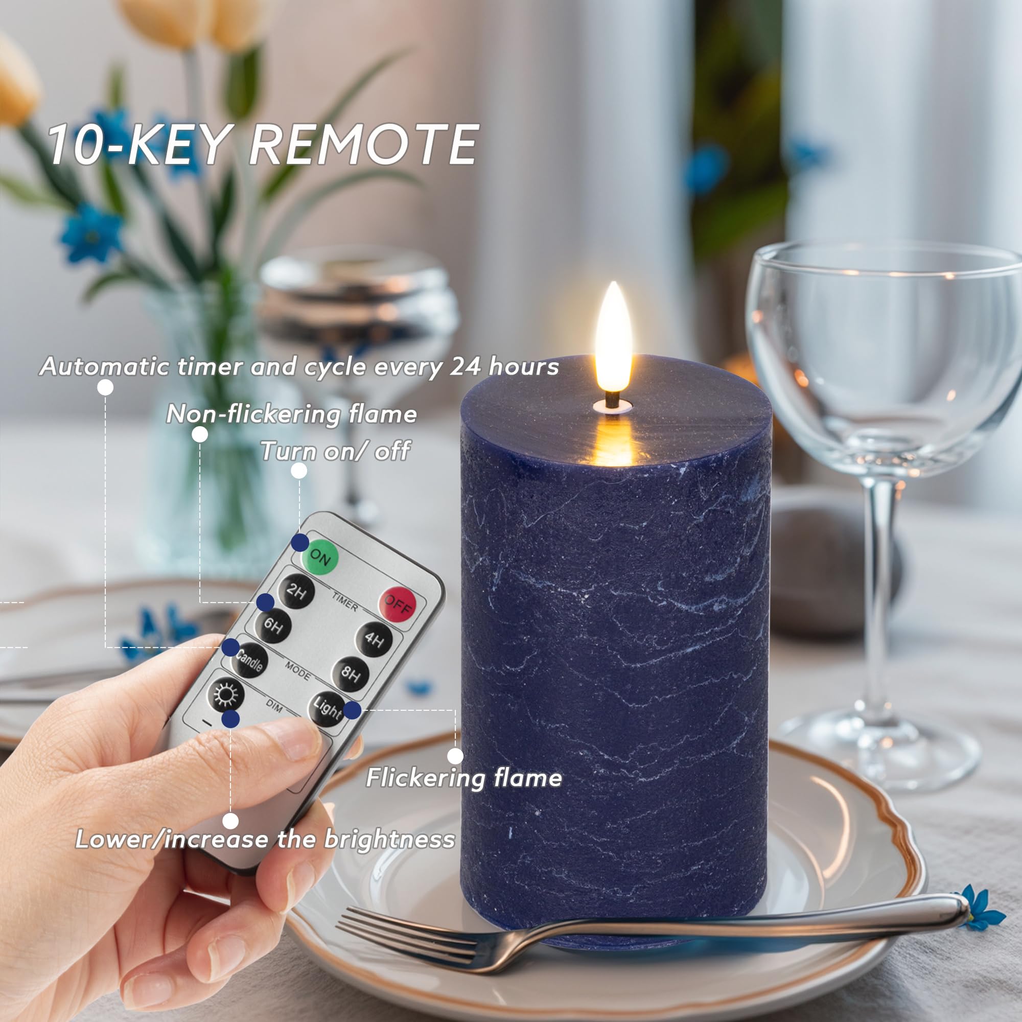 Blaue flammenlose Stumpenkerzen, batteriebetriebene Kerzen mit Fernbedienung, flackernde LED-Kerzen aus echtem Wachs für Zuhause, Party, Hochzeit, Urlaub, Dekoration, 4 Stück, Φ 7,6 cm, H 10,2