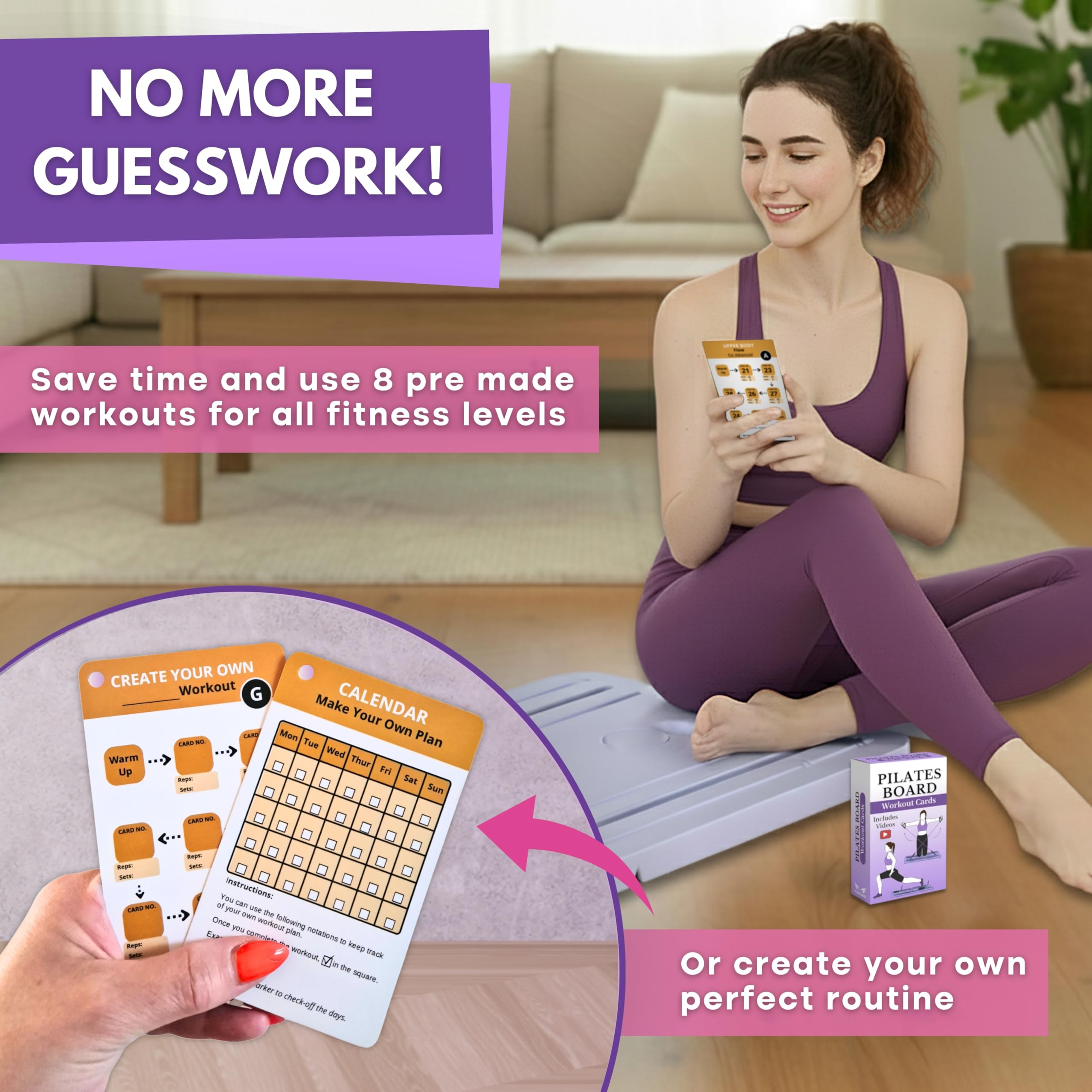 Cartes d'entraînement pour planche de pilates – 67 cartes d'exercice avec vidéos et plan d'entraînement – Comprend un défi de 5 semaines, un ebook, un tableau de progrès et 2 anneaux pour une
