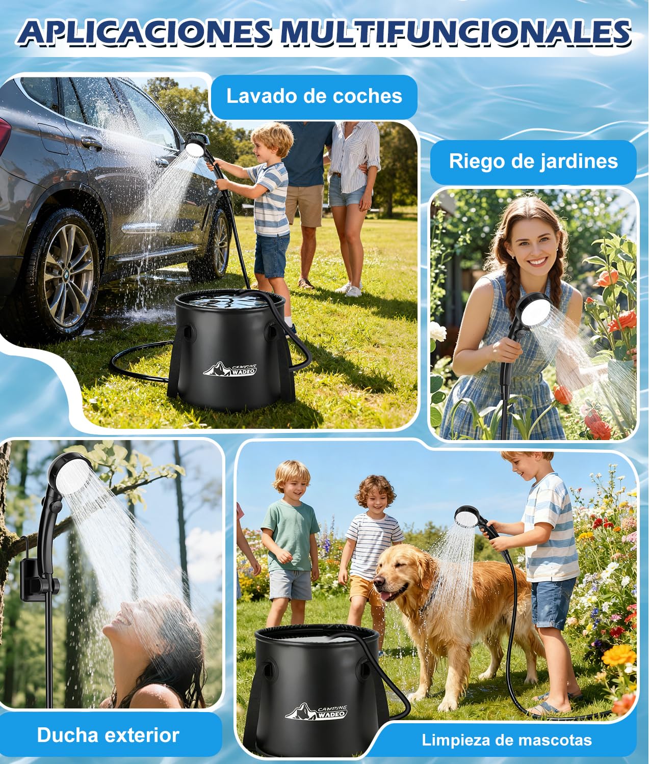 WADEO Ducha portátil para Camping 6000 mAh con Cubo Plegable de 20 l, Agua Caliente, Bomba Recargable de 5 velocidades con Pantalla LED, 4 Modos de Chorro para Caravana, Viaje, Coche, Mascotas