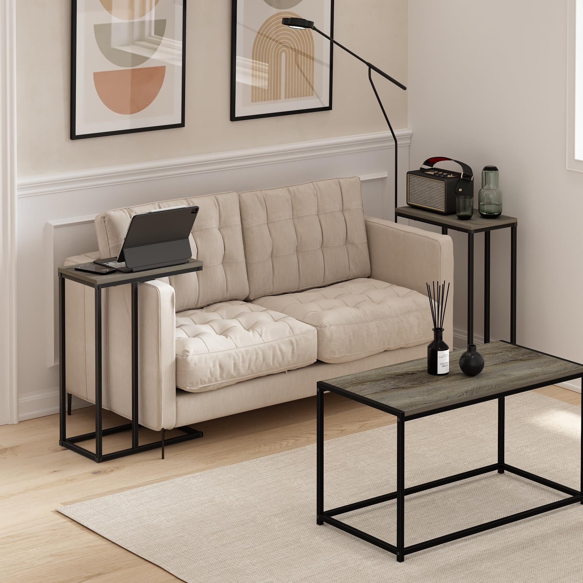 Furinno CAMNUS Juego de 2 mesas auxiliares en Forma de C con Estructura de Metal, mesita de Noche para salón o Dormitorio, Roble francés Gris
