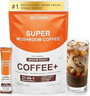 Mushroom Coffee with 9 Adaptogenic Mushrooms, Collagen, Lion’s Mane, KSM-66 Ashwagandha & L-Theanine, Smooth Low-Acidity Instant Coffee for Focus Energy Digestion Immunity, No Bitter Taste, 30 Sticks