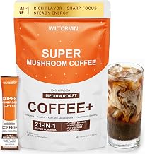Mushroom Coffee with 9 Adaptogenic Mushrooms, Collagen, Lion’s Mane, KSM-66 Ashwagandha & L-Theanine, Smooth Low-Acidity Instant Coffee for Focus Energy Digestion Immunity, No Bitter Taste, 30 Sticks