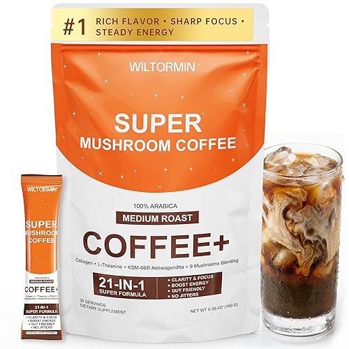 Mushroom Coffee with 9 Adaptogenic Mushrooms, Collagen, Lion’s Mane, KSM-66