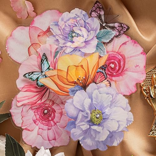 Miniatura 6 de LakoArt Juego de 80 calcomanías de flores transparentes impermeables de gran tamaño, calcomanías decorativas de vinilo transparente floral para