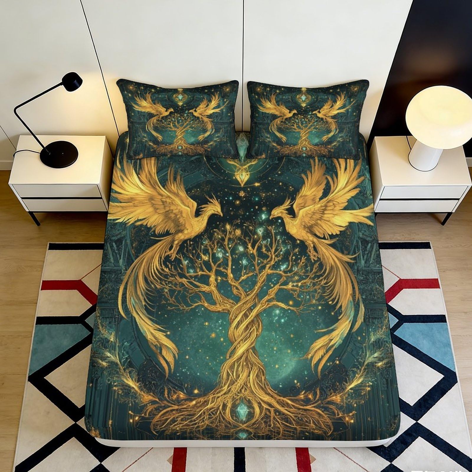 3D Printed Golden Phoenix Tree Fitted Sheet Microfiber Anti-Slip Bed Cover for Bedroom Guest Room Machine Washable 140x200x25cm