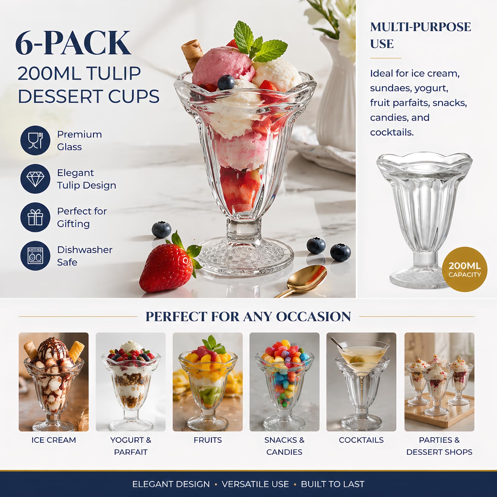 ZENFUN Set di 6 tazze in vetro per tulipani, 189,9 g, con piedini trasparenti per gelato, ciotole da dessert, per sorbetti, frutta, insalata, snack e cocktail