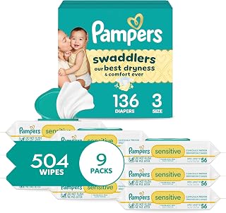 Pampers Swaddlers Diapers, Size 3 (13-26 lbs), 136 Count, Pampers Sensitive Baby Wipes, 504 Wipes Total (6X Flip-Top Packs) [Packaging May Vary]