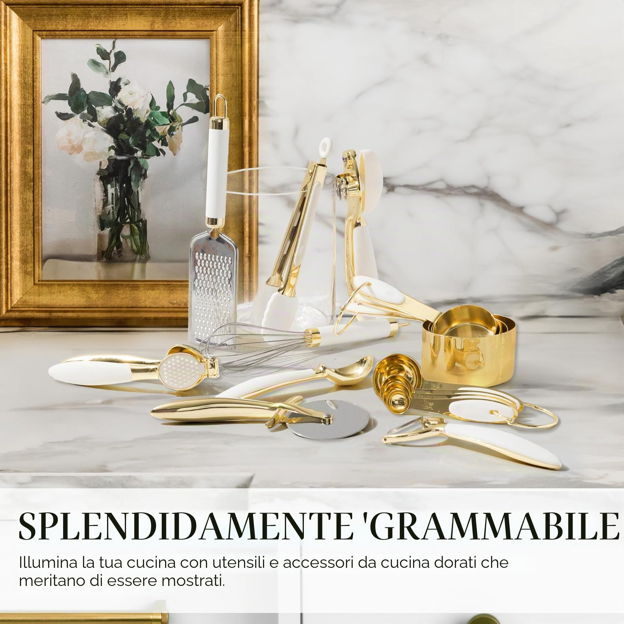Styled Settings Set di utensili da cucina bianchi e dorati, 8 pezzi | Il set di utensili da cucina include apriscatole, pinze e spremiaglio, accessori da cucina bianchi e oro per la cucina