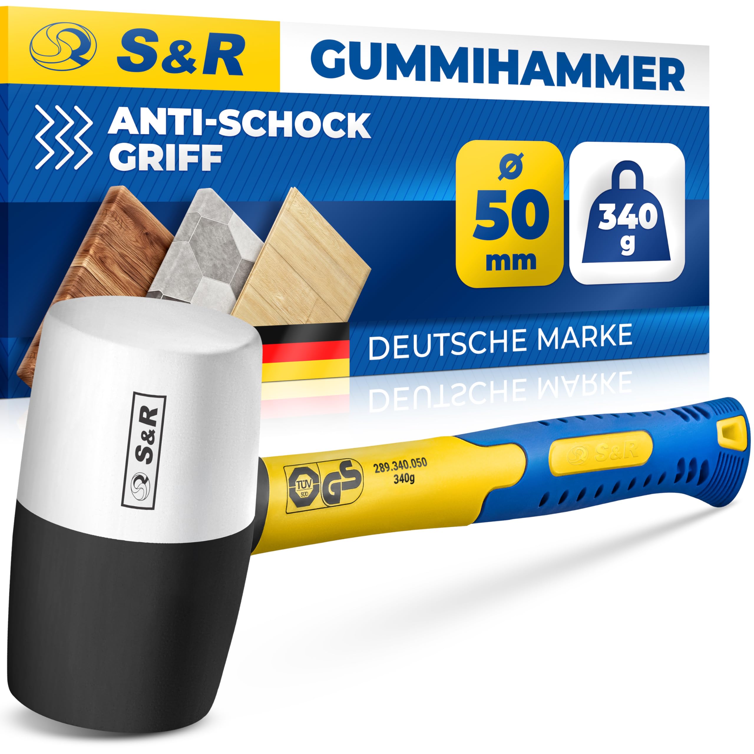 S&R Młotek gumowy do bruku, czarny/biały, 340 g, profesjonalny kauczuk naturalny, trzonek z włókna szklanego, antypoślizgowy, amortyzujący wstrząsy Ø 50 mm, młotek łagodny do bruku, płytki klinkierowe