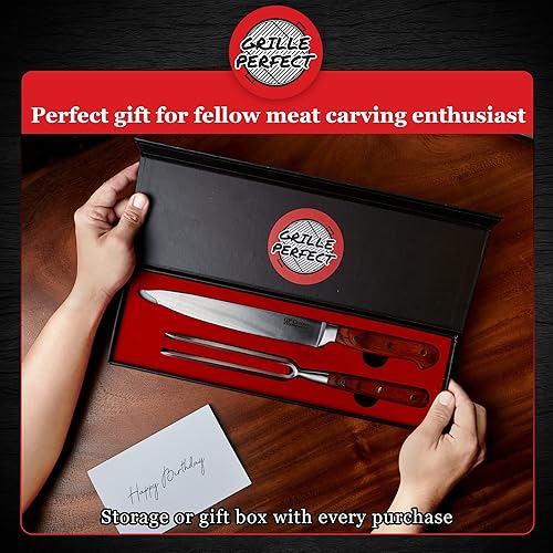 Miniatura 7 de Juego de cuchillos para tallar carne con tenedor, herramienta de cocina para pavo, jamón, cerdo, acero inoxidable de espiga completa, mango de