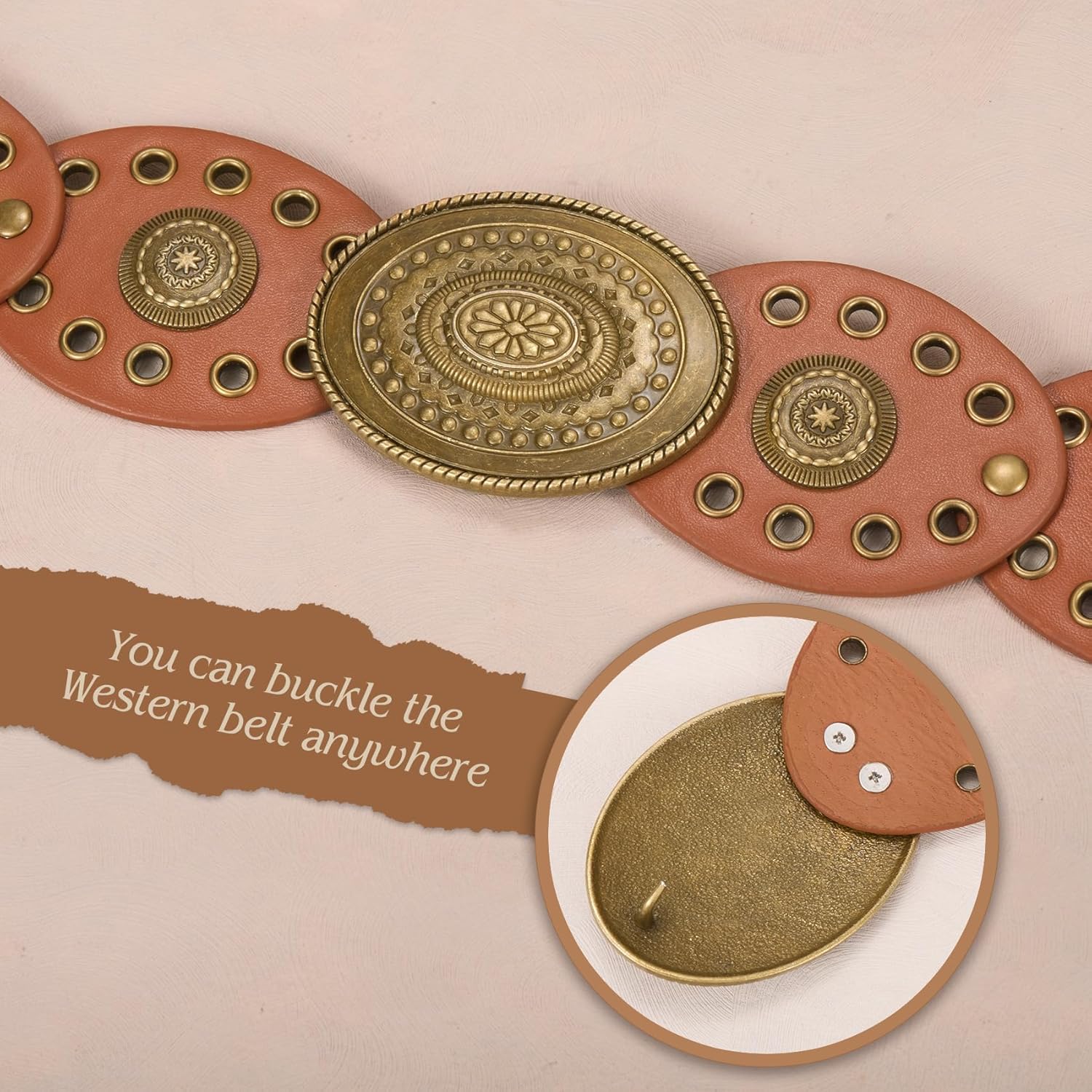 WHIPPY Women Disc Concho Leather Belt Western Cowgirl Hollow Belt Vintage Boho Oval Waist Belt for Music Festival Dress Jeans - Image 4